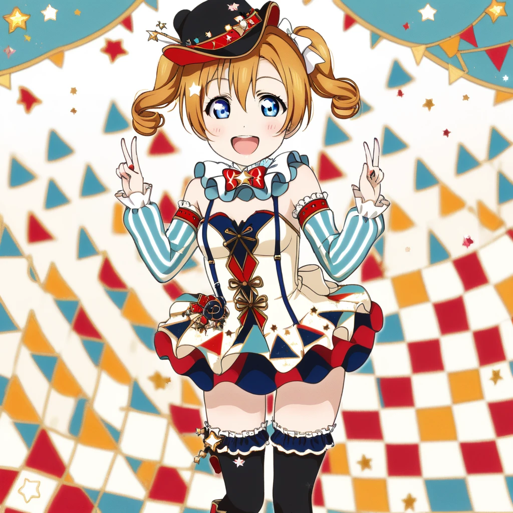 masterpiece, high quality, defined pupil, looking at viewer, rounded pupil, defined iris, (soft iris:1.2),1girl, standing, straight on,happy, smile, open mouth, circus background, (small breasts:1.3),  perfect_breasts, sexy_body,  medium_hair, thighs, star \(symbol\), bowtie, hair bow, hat, suspernders, striped, bridal garter, knee boots, frills, honoka_circus