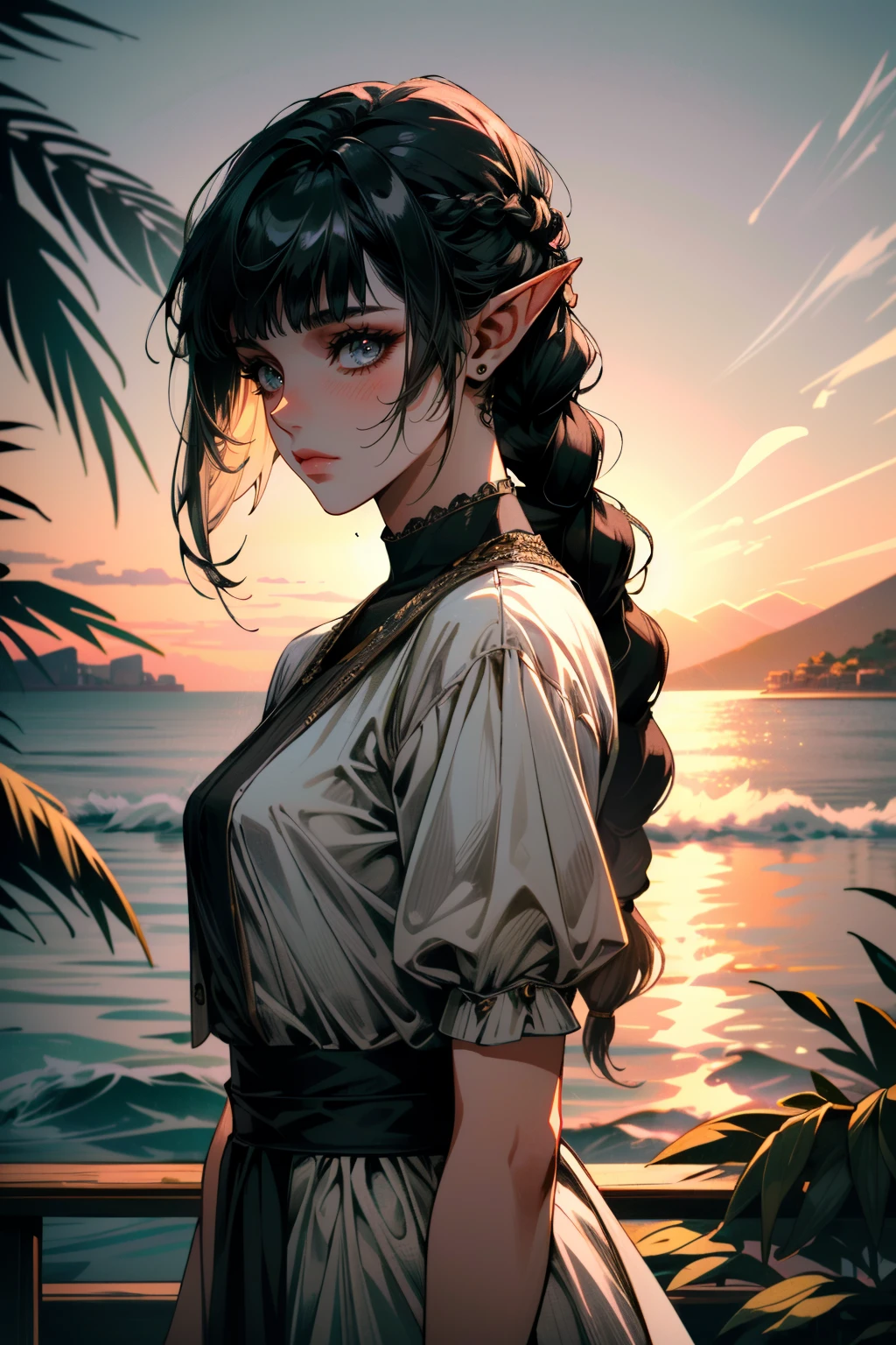 ((ultra detailed, masterpiece, absurdres))
<lora:BGShadowH:0.8>
BGShadowH, 1girl, pointy ears, black hair, blunt bangs, braid, hair ornament, Palm-lined coastal boardwalk at sunrise, dynamic lighting