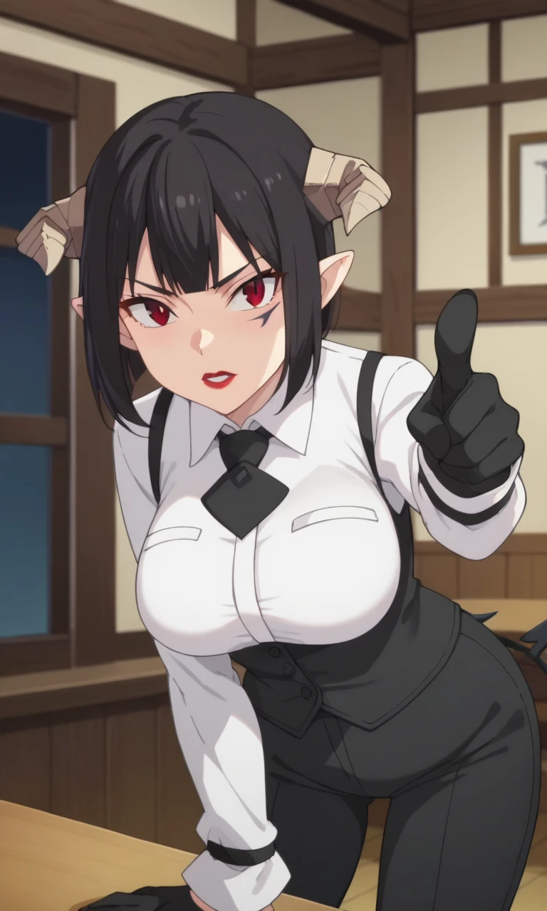 score_9, score_8_up, score_7_up, 1girl, <lora:torture_tortura:1> torturaxl, red eyes, black hair, short hair, pointy ears, facial mark, black gloves, large breasts, red lips, demon horns, demon tail, black pants, black corset, white shirt, collared shirt, long sleeves, black necktie, vest, demon girl, leaning forward, pointing at viewer, serious, cowboy shot, indoors, room, desk, natural light, dynamic shadows, anime style, screencap