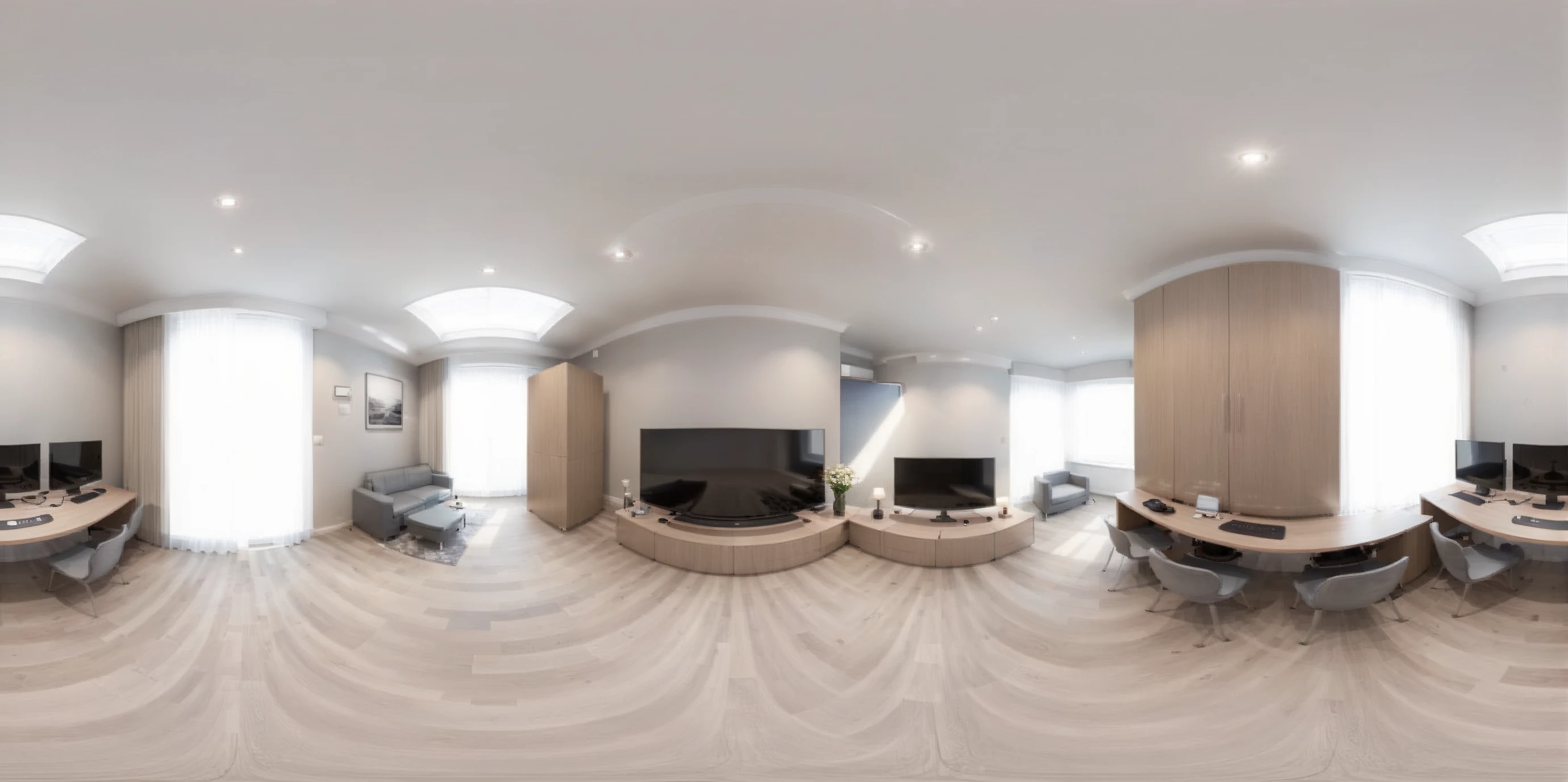 Create a realistic VR360 image depicting the interior of a room, designed to seamlessly form a closed loop when viewed from left to right. The room should be styled with modern furniture and decor, featuring a coherent design that connects the imagery on both sides of the room. The lighting should be natural, with windows providing a view outside, adding depth and realism. This image should allow for a continuous, immersive 360-degree experience when viewed in VR. <lora:sanbaro:0.8>
