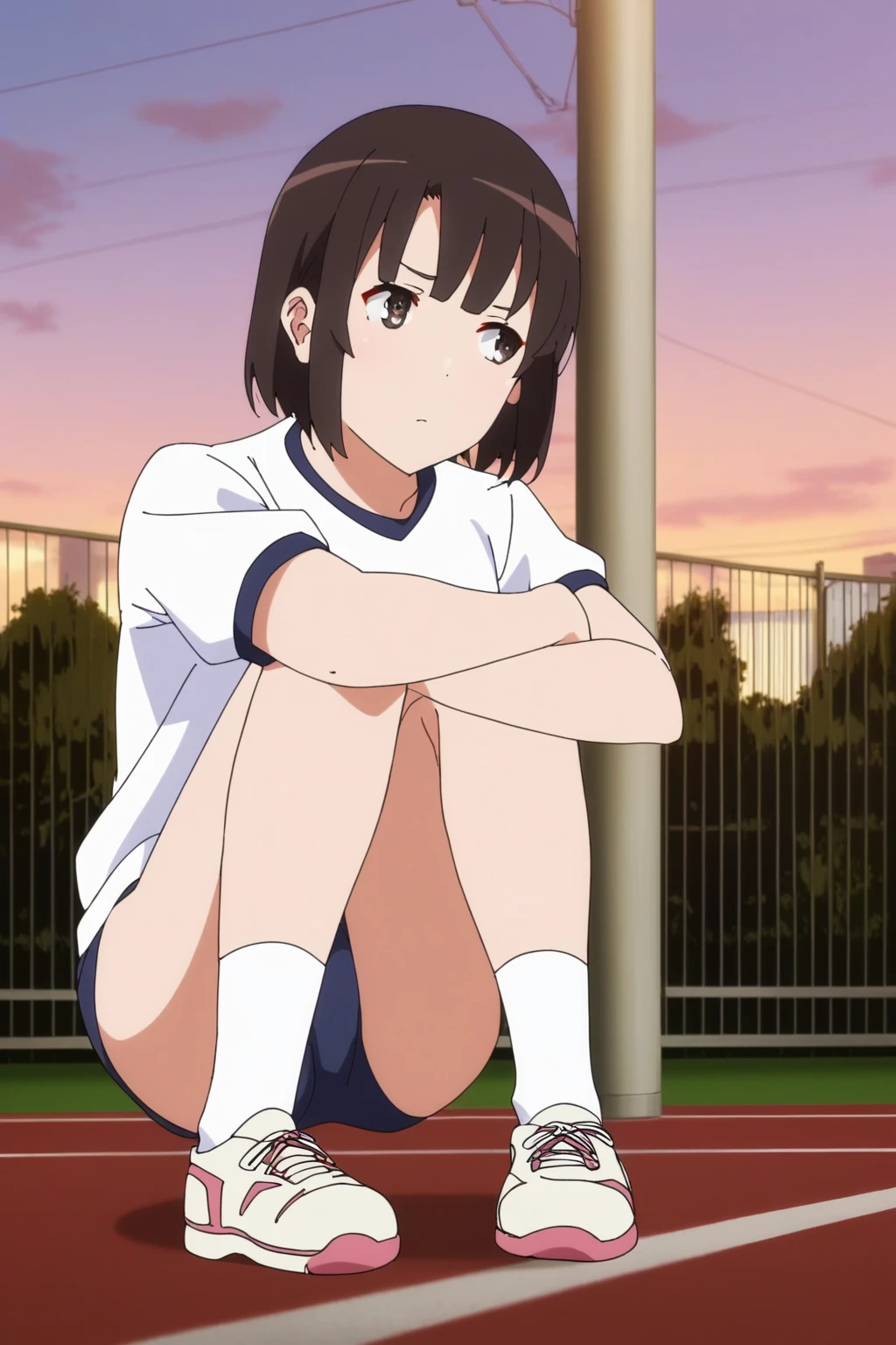 ,,,masterpiece,best quality,highres,4k,8k,intricate detail,cinematic lighting,perfect_eyes,High face detail,rating_explicit,high resolution,detailed eyes,
(score_7_up), source_anime,anime coloring,anime,(anime screencap),,zPDXL,
,,detailed background,, day, outdoors, schoolyard, runway,
, , full body, unamused, sitting, indoor,restaurant, sitting_on_booth, looking away,
F:, gym uniform, white shirt, buruma, white socks, sneakers,
,,,,, katou megumi, 1girl, solo, bangs, short hair, brown hair, brown eyes, black hair, , blunt bangs, black eyes, bob cut,
, , <lora:katou_megumi_PonyXL_v1:0.9>