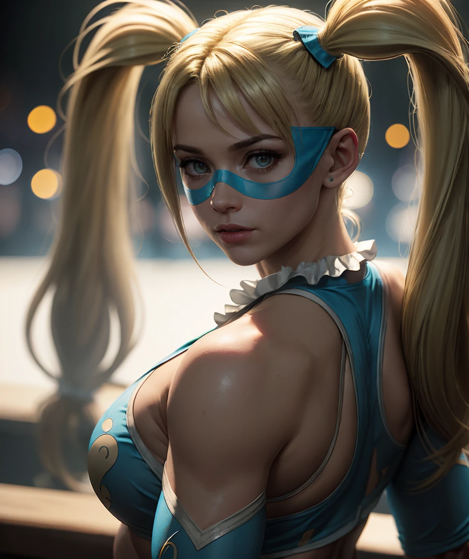 cinematic film still <lora:quiron_RainbowMika_v1_Lora:0.77> RainbowMikaQuiron , rainbowmika, 1girl, domino mask, long hair, blonde hair, twintails, pointing, best quality, . shallow depth of field, vignette, highly detailed, high budget Hollywood , bokeh, cinemascope, moody, epic, gorgeous, film grain, grainy