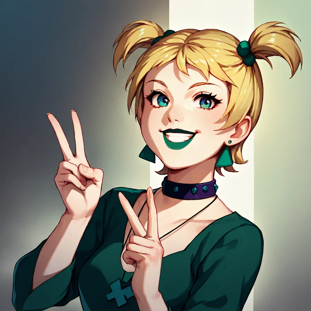 source_cartoon,
1girl,solo,cowboy shot,<lora:HexGirlsV1:1>,dusk(character),blonde hair,short twintails,green dress,green lips,choker,earrings,
looking at viewer,hands up,V,smile,, (score_9,score_8_up,score_7_up), anime style, beautiful detailed skin, beautiful eyes, detailed face, best quality, high quality,