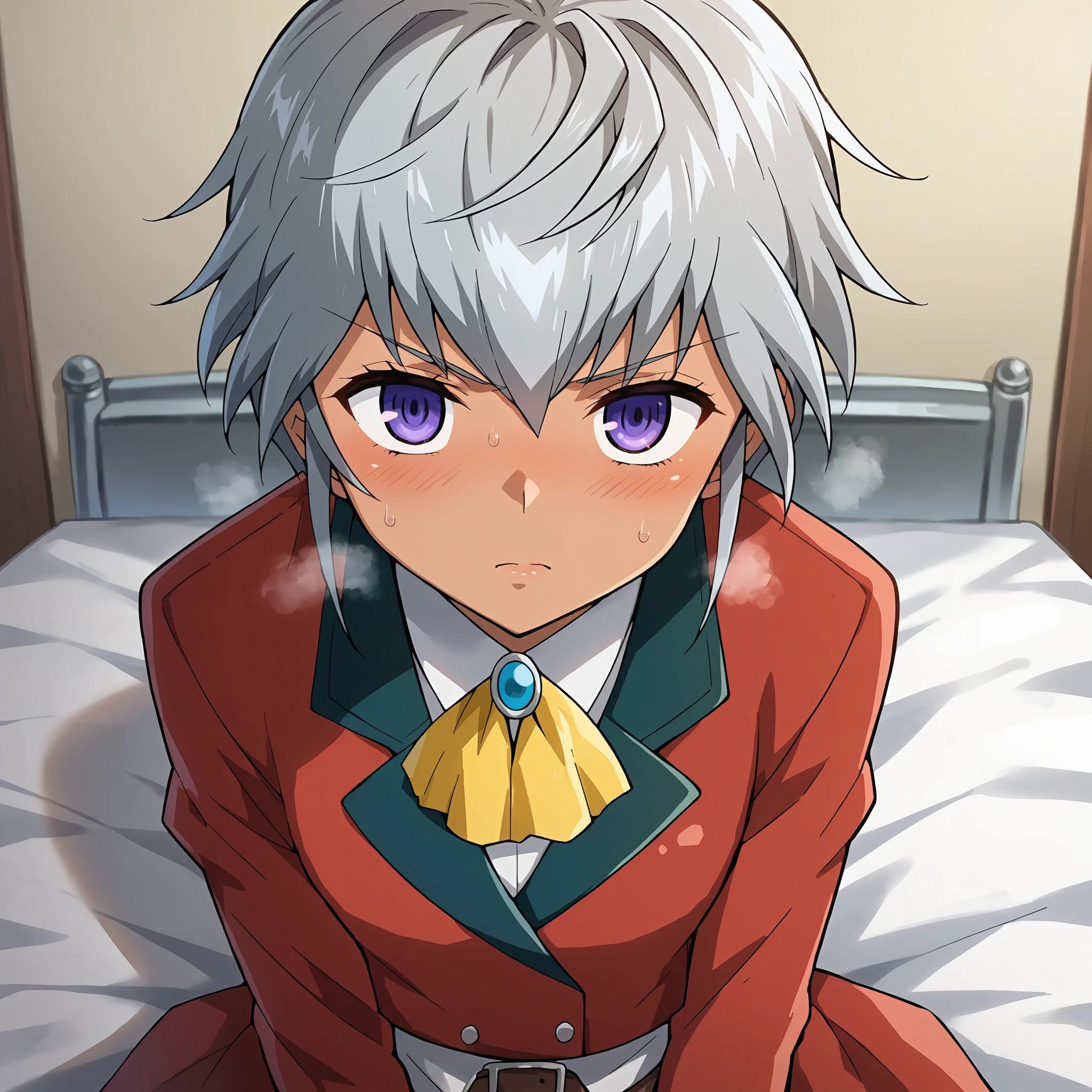 score_9, score_8_up, score_7_up, score_6_up, score_5_up, score_4_up, BREAK source_anime,POV,on bed,sitting(blush,steam,sweat:1.3)wariza<lora:Mutsuba_Asana_V1:1>Mutsuba Asana, short hair, gray hair, purple eyes, dark skin,white collared, collared shirt, long sleeves, belt, red jacket, red tuxedo, yellow ascot,blue brooch, white pants, white gloves,