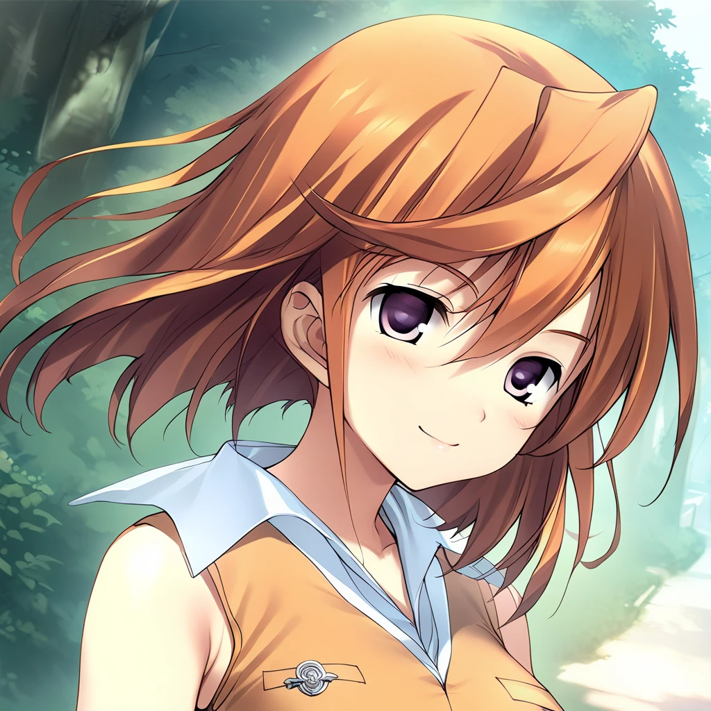 (masterpiece),(best quality),(ultra-detailed),(best illustration),(best shadow),(absurdres),(detailed background),(very aesthetic), mai tokiha, standardoutfit, 1girl, solo, purple eyes, smile, shirt, orange shirt, orange hair, sleeveless, school uniform, breasts, upper body, emblem, portrait, <lora:XL-Mai_Tokihaé´ç¾½_èè¡£_-_Mai-HiMEè-HiME_SDXL_Animagine_XL_3.1v1ALT:1>