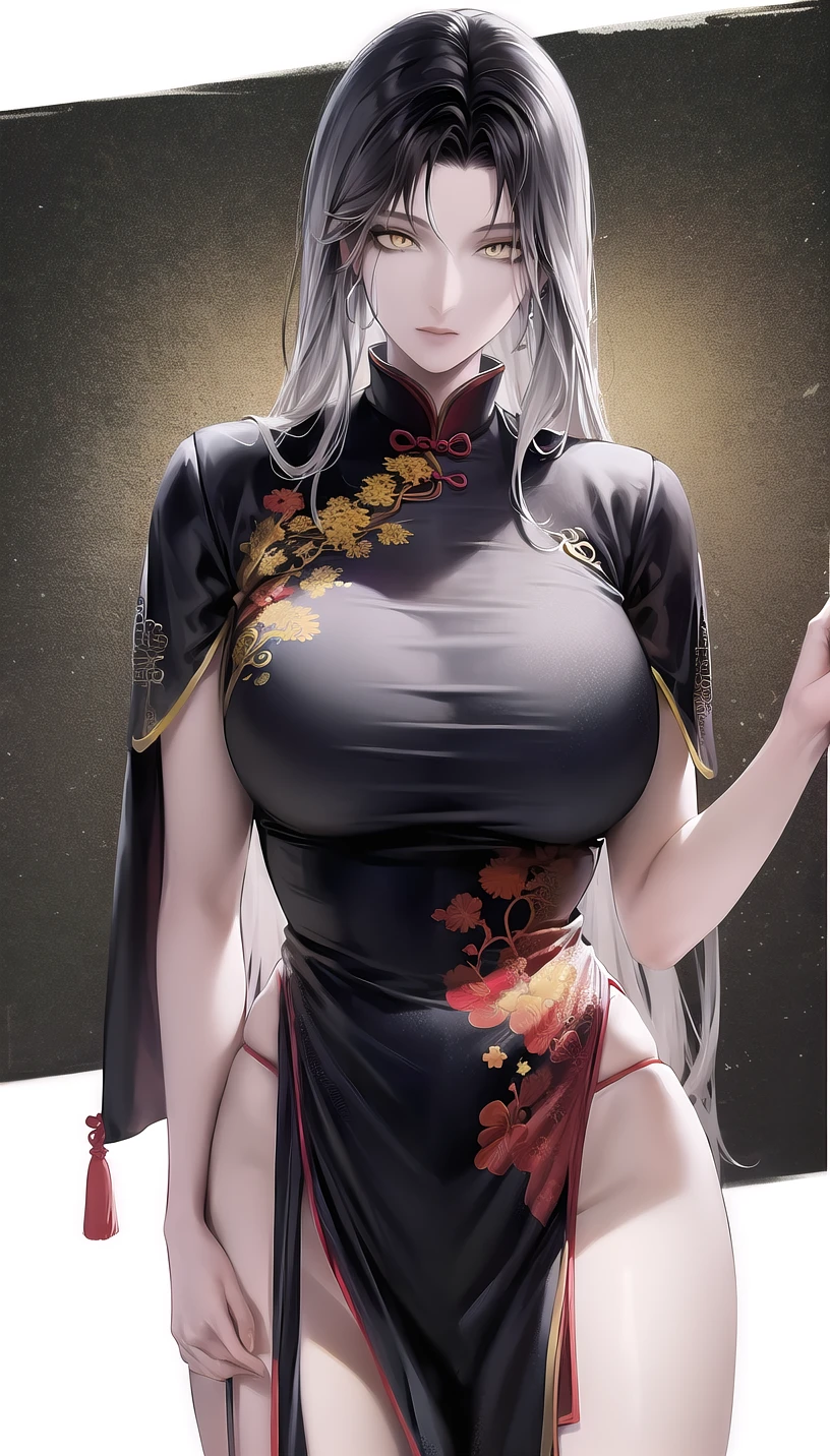 grey hair, yellow eyes,
(chinese clothesï¼1.28),
lady,mature female, cowboy shot,
(white background,simple background:1.18),
highres,official art,original,masterpiece,best quality,
huge breasts,
<lora:Angell2:0.8>