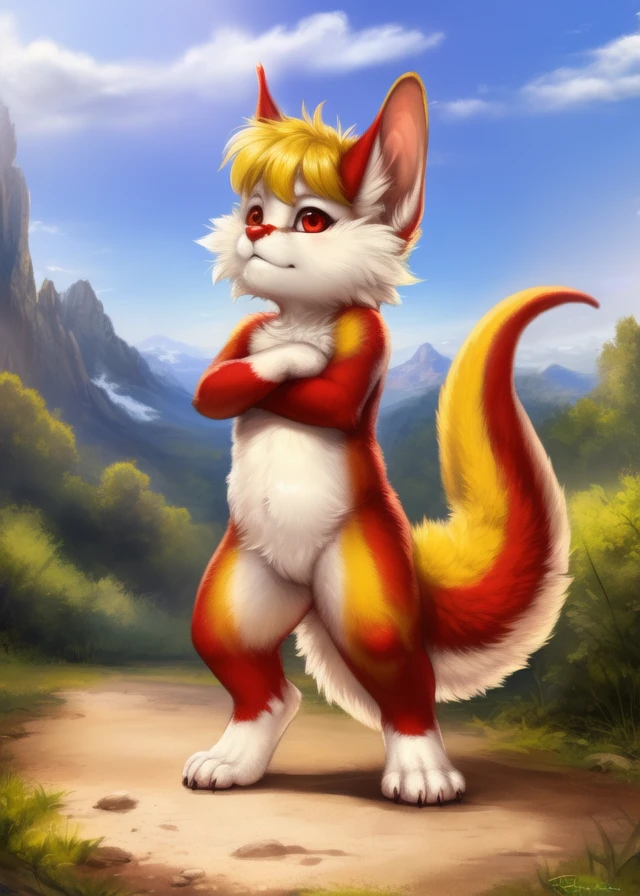 <lora:SnarfCatOsbertYIf:1> SnarfCatOsbertYIf, Snarf, big tail, red eyes, red nose,  furry, [road, earth, forest, trees, sky, clouds, mountains,]  solo, 
 looking at viewer, to his full height, (beautiful, aesthetic, perfect, delicate, intricate, masterpiece, ) chibi, (fighting stance)
[by kenket|by totesfleisch8], by thebigslick:by silverfox5213:0.8], [by syuro, by paloma-paloma::0.2, (Tricksta, TotesFleisch8)