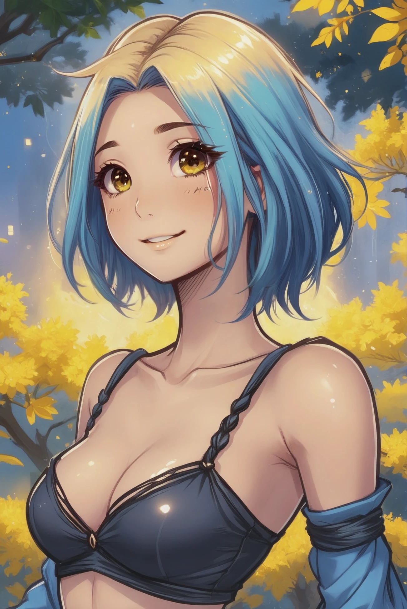 anime digital painting, seductive smile, 1girl, woman, goldenrod skin, Black Walnut tree fairy queen, see-through gossamer, bombshell hair, glimmering bright color:lightblue hair, Four Strand Braid, muted dodgerblue clothes, toned hourglass figure, (asian:1.3), cheerful scifi city at the end of the multiverse<lora:EnvyStarlightAnime04:1>