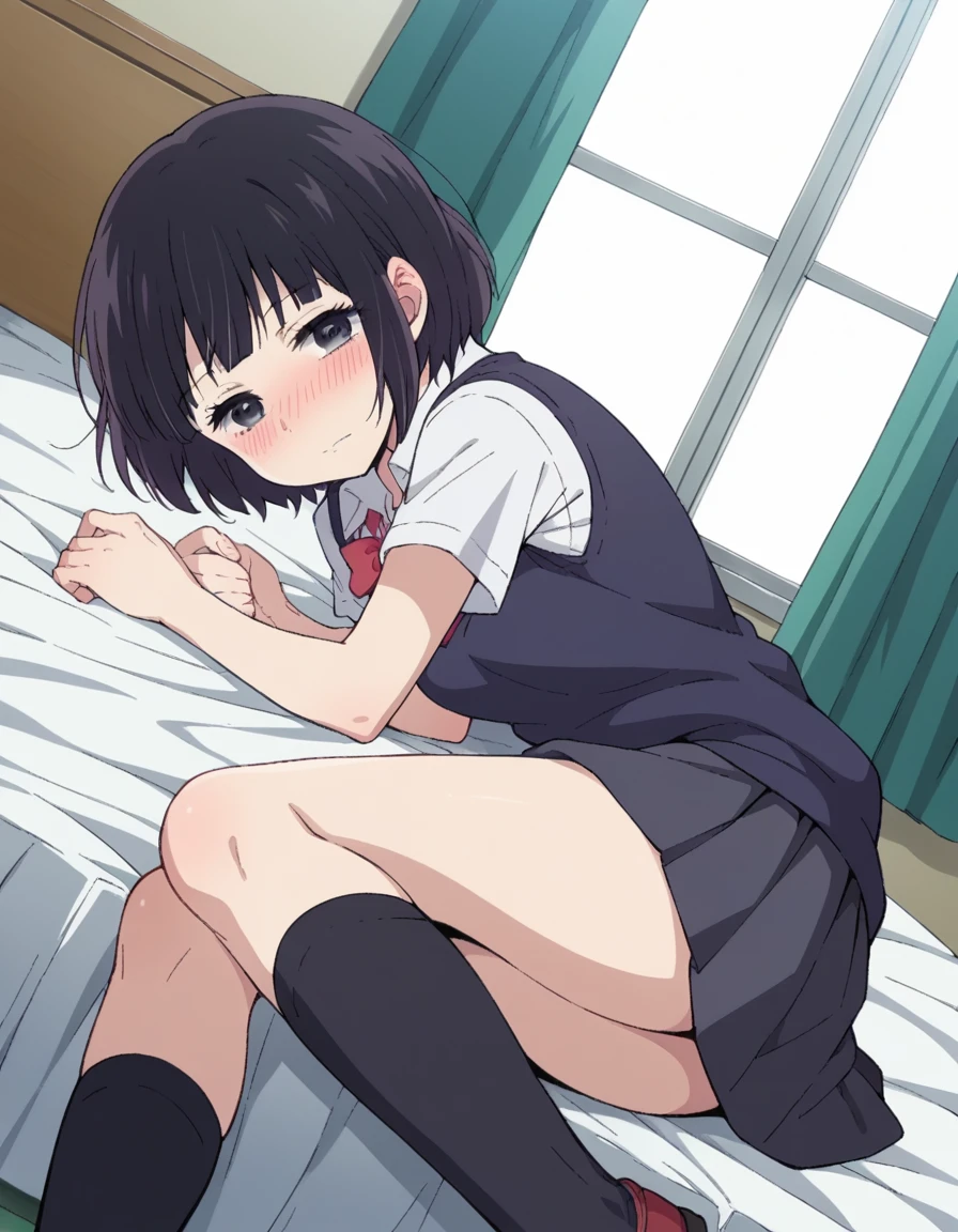 score_9, score_8_up, score_7_up, source_anime,
hanabiyasuraoka, <lora:hanabi-yasuraoka-s1-ponyxl-lora-nochekaiser:1>,
hanabi yasuraoka, short hair, black hair, black eyes,
skirt, bow, school uniform, shoes, socks, bowtie, kneehighs, sweater vest,
indoors, bed, bed room, on side, blush, drunk,
looking at viewer, cowboy shot, dutch angle, solo,
