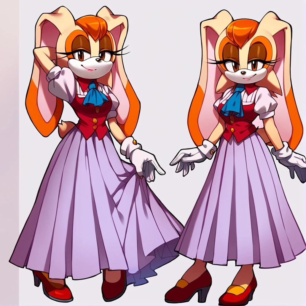 score_9, score_8_up, score_7_up, score_6_up, score_5_up, score_4_up, (Source sonic), (rating safe), <lora:Vanilla the rabbit xl :1>, vanilla the rabbit, 1girl, solo, breasts, looking at viewer, smile, skirt, simple background, shirt, gloves, white background, dress, standing, full body, short sleeves, shoes, puffy sleeves, white gloves, rabbit girl, arm up, high heels, puffy short sleeves, ascot, eyelashes, makeup, red footwear, furry, arm behind head, long skirt, skirt hold, rabbit ears, animal nose, brown eyes, animal ears, furry female, orange hair