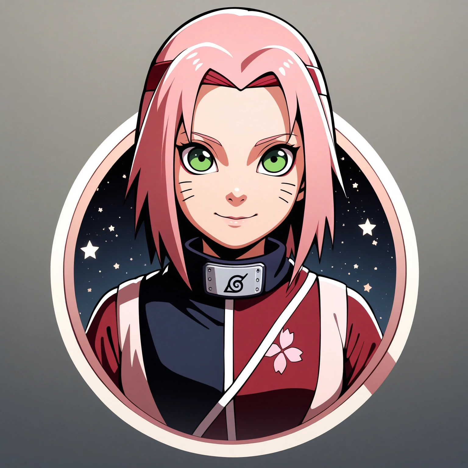 round logo, 1girl, solo, (sakura haruno:1.1), from naruto, fair skin, short pink hair, red and white ninja outfit, green eyes, red headband, white border with starry background, masterpiece, best quality, very aesthetic, absurdres <lora:RoundLogo_XL_E10R16:1>