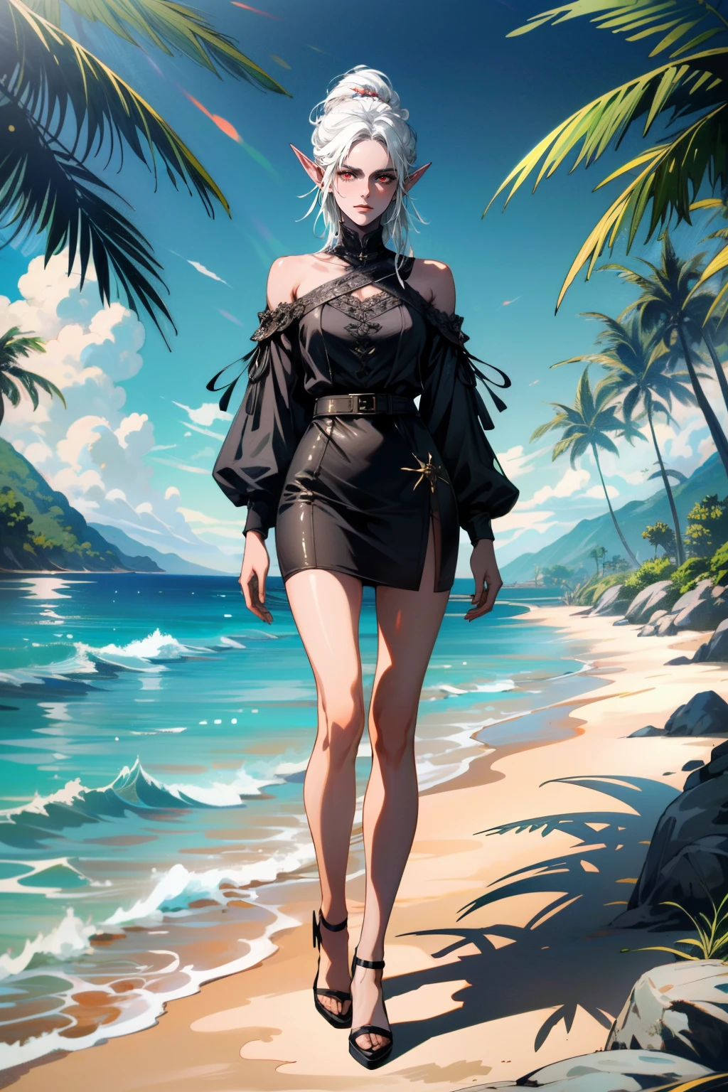 ((ultra detailed, masterpiece, absurdres))
<lora:BGMinthara:0.8>
BGMinthara, 1girl, pointy ears, white hair, red eyes, hair updo, full body, Tropical Paradise with Palm Trees and Turquoise Water