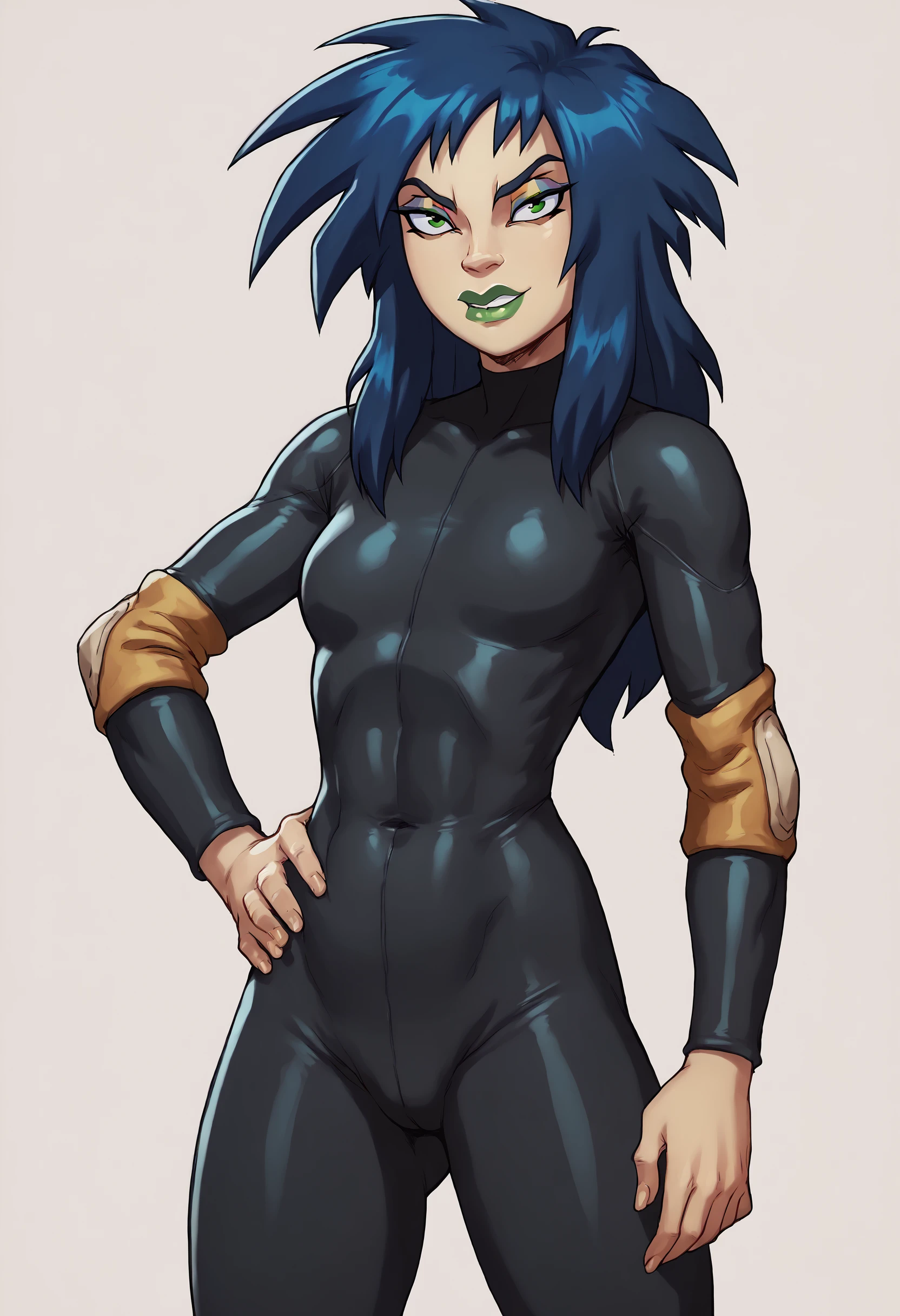 <lora:KylieGPony1.0:1> kylie, 1girl, solo, blue hair, makeup, green eyes, long hair, lipstick, looking at viewer, style parody, bodysuit score_9, score_8_up, score_7_up, score_6_up, score_5_up, score_4_up,looking at viewer, hand on own hip, standing, cowboy shot, simple background,