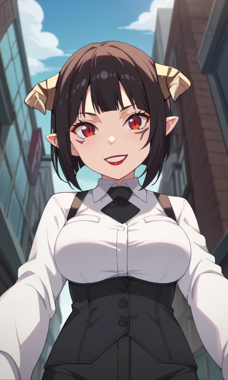 score_9, score_8_up, score_7_up, 1girl, <lora:torture_tortura:1> torturaxl, red eyes, black hair, short hair, pointy ears, facial mark, black gloves, large breasts, red lips, demon horns, demon tail, black pants, black corset, white shirt, collared shirt, long sleeves, black necktie, vest, demon girl, looking at viewer, pov, selfie, solo focus, outdoors, cyberpunk, city, street, from below, standing, smile, light blus, anime style, screencap