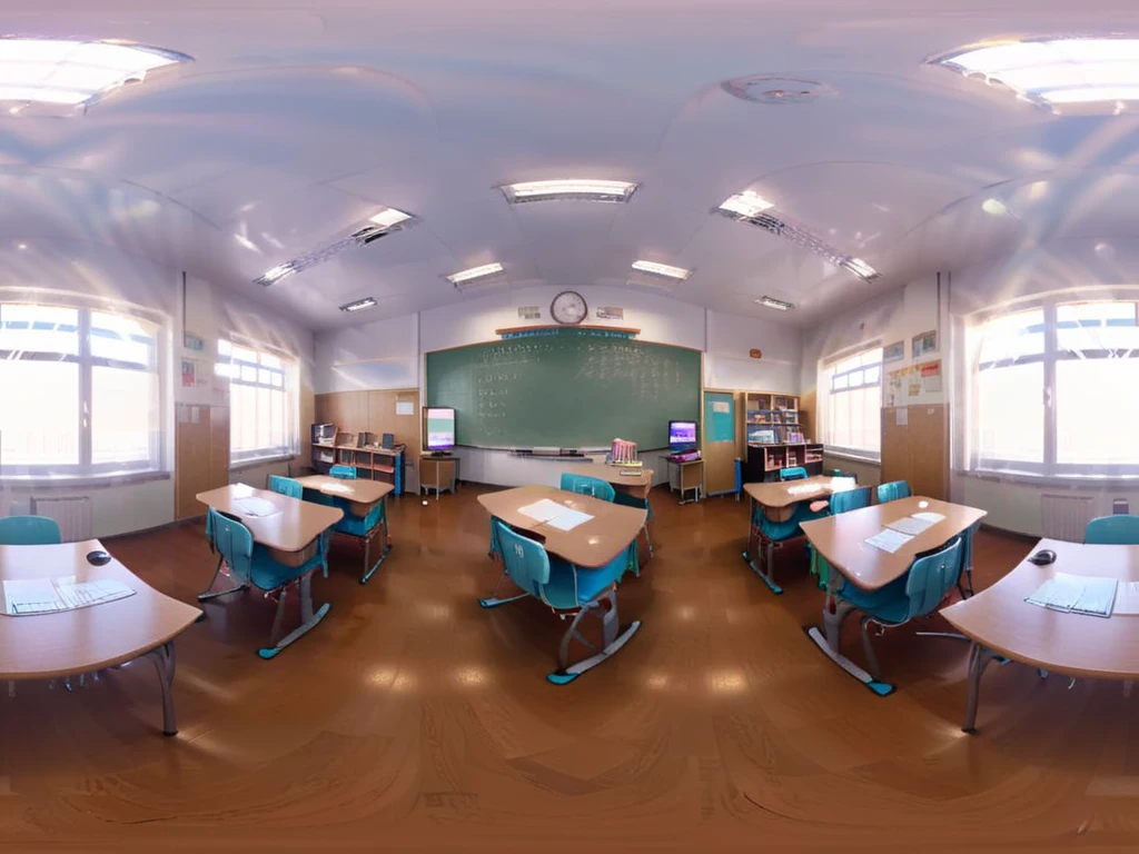 Create an anime-style 360-degree VR image of a girls' high school classroom. The image should show a detailed and vibrant classroom setting typical of a high school, filled with desks, chairs, and educational posters on the walls. The left and right sides of the image must seamlessly connect to form a closed loop, enabling a continuous view when used in a VR setting. The classroom should be lively, with sunlight streaming through windows, and school-related items like books and backpacks adding to the authenticity of the scene. <lora:sanbaro:0.85>