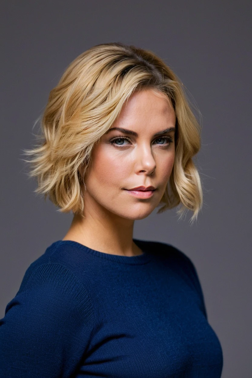 candid photo of a young ohwx woman,wearing a dark blue sweater, bob hair,natural lighting,natural skin,half body shot,plain background,  <lora:Charlize_Theron-000009:0.7>