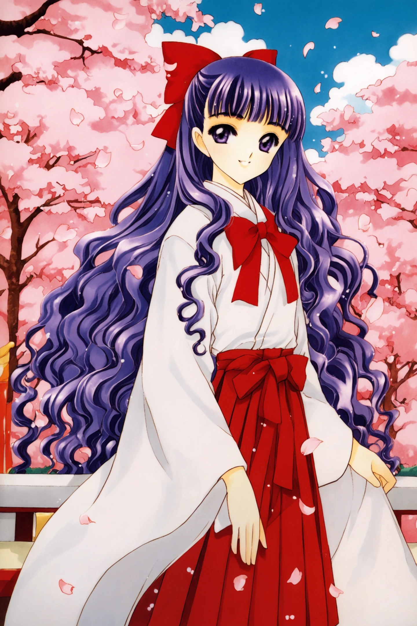 1girl,solo,cherry blossoms,meiji schoolgirl uniform,hakama,long hair,japanese clothes,skirt,hakama skirt,1990s (style),purple hair,petals,yagasuri,purple eyes,bangs,hair bow,retro artstyle,bow,daidouji tomoyo,smile,kimono,long sleeves,red hakama,red bow,wavy hair,wide sleeves,looking at viewer,blunt bangs,flower,traditional media,cowboy shot,score_9,score_8_up,<lora:Card Captor Sakura_XL_PONY:0.8>,