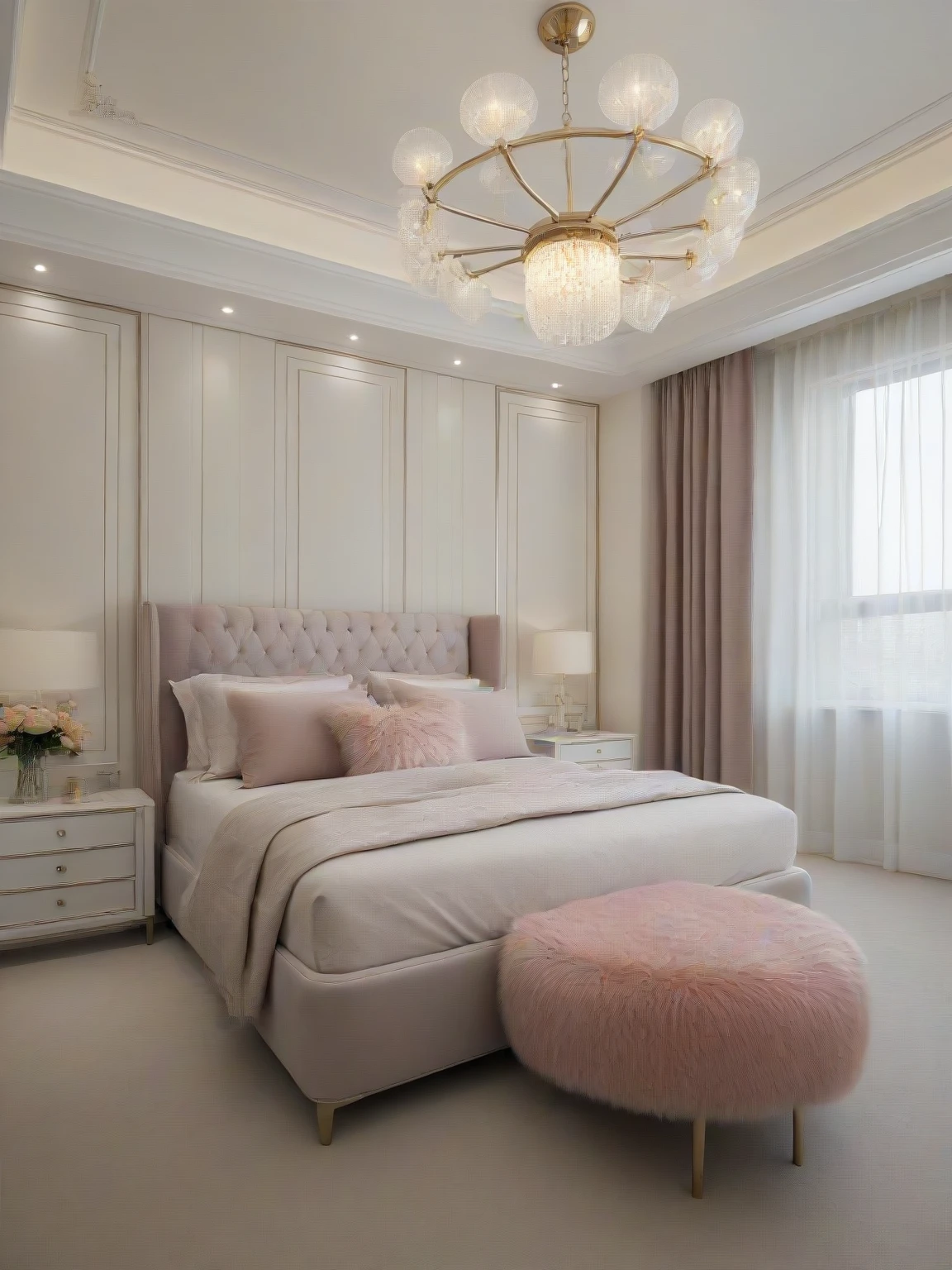 <lora:JJsAffordableLuxury_XL:1>, ((Affordable Luxury)), ((masterpiece)), ((best quality)), scenery, real world location, realistic, high detailed,, soft lighting,  (indoor) , no human,  window, ((bed)), pillow, bed sheet, bderoom, ceiling light, carpet, curtain, chair, flower,