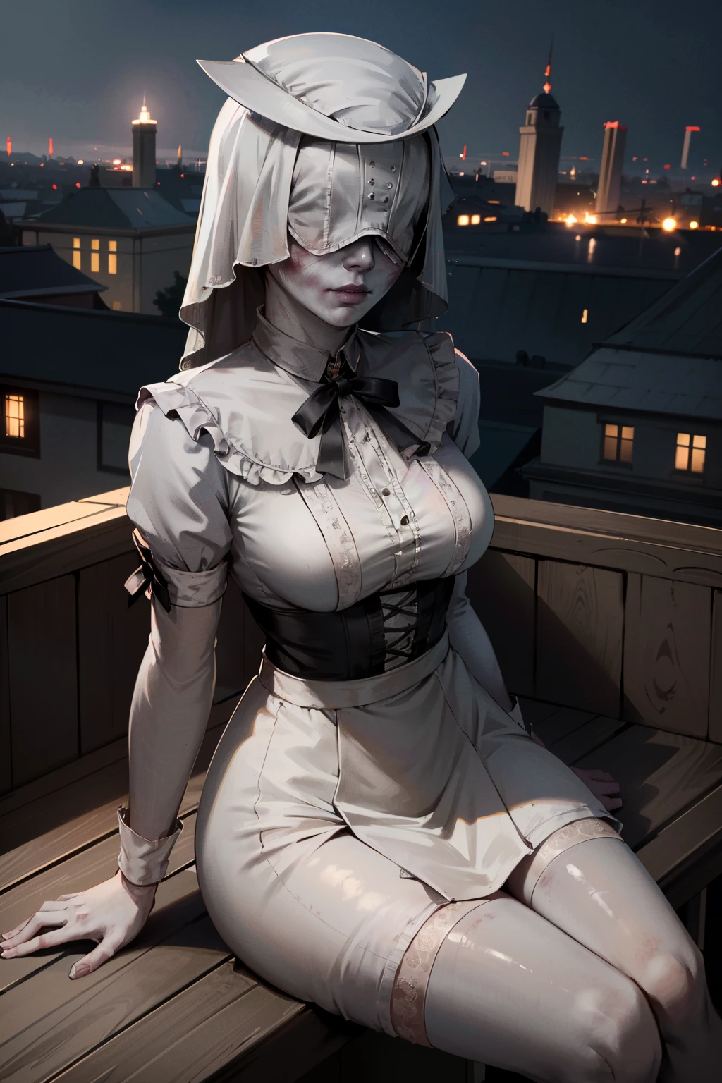 ((ultra detailed, masterpiece, absurdres))
<lora:BGNNurse:0.8>
BGNNurse,1girl,grey skin, covered eyes, pale skin, bruises, veil, overlooking the city from a rooftop bar at night, chic outfit, sitting