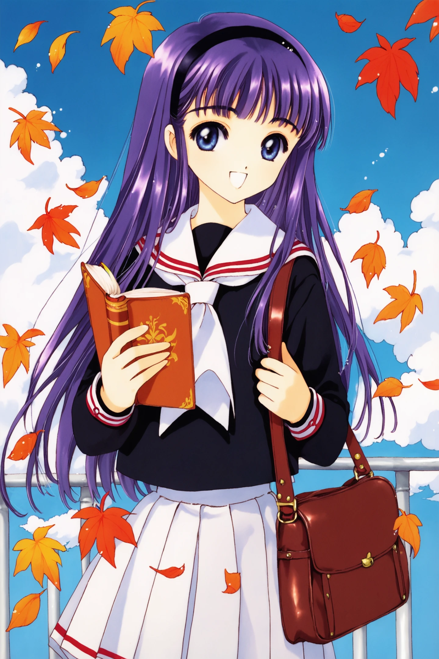 1girl,daidouji tomoyo,skirt,school uniform,white skirt,solo,long hair,purple hair,pleated skirt,smile,bangs,hairband,tomoeda elementary school uniform,holding,open mouth,long sleeves,cloud,blunt bangs,1990s (style),day,leaf,retro artstyle,:d,sky,holding book,outdoors,book,white sailor collar,black shirt,shirt,standing,sailor collar,serafuku,blue sky,cowboy shot,blue eyes,looking at viewer,bag,black hairband,purple eyes,score_9,score_8_up,<lora:Card Captor Sakura_XL_PONY:0.8>,