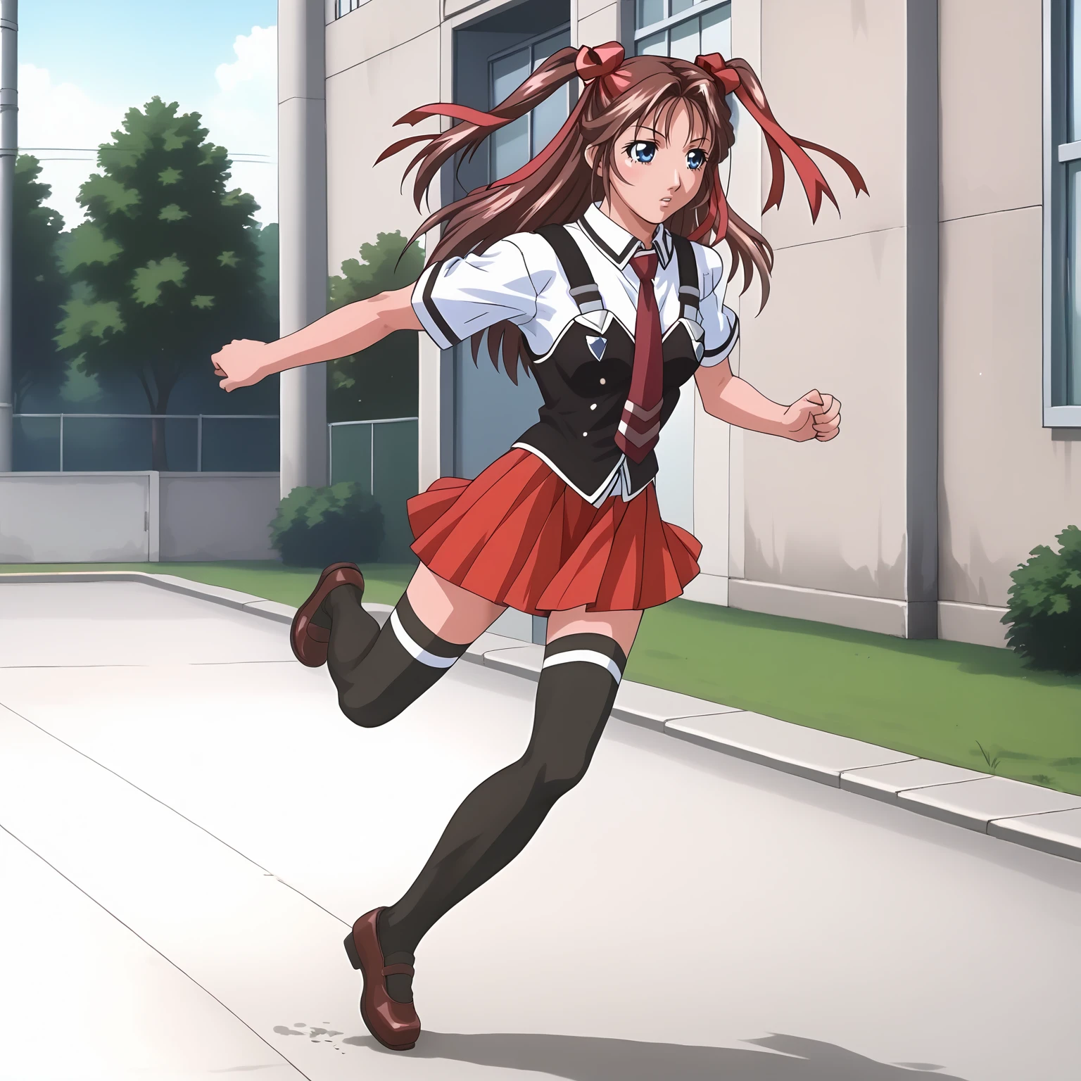 <lora:YukiToudouXLpony003>,
solo,
YukiToudou,1girl,brown hair,two -side up,hair ribbon,red ribbon,blue eyes,
school uniform,white shirt,strap,vest,red tie,
red skirt,
thighhighs,shoes,
full body,running,