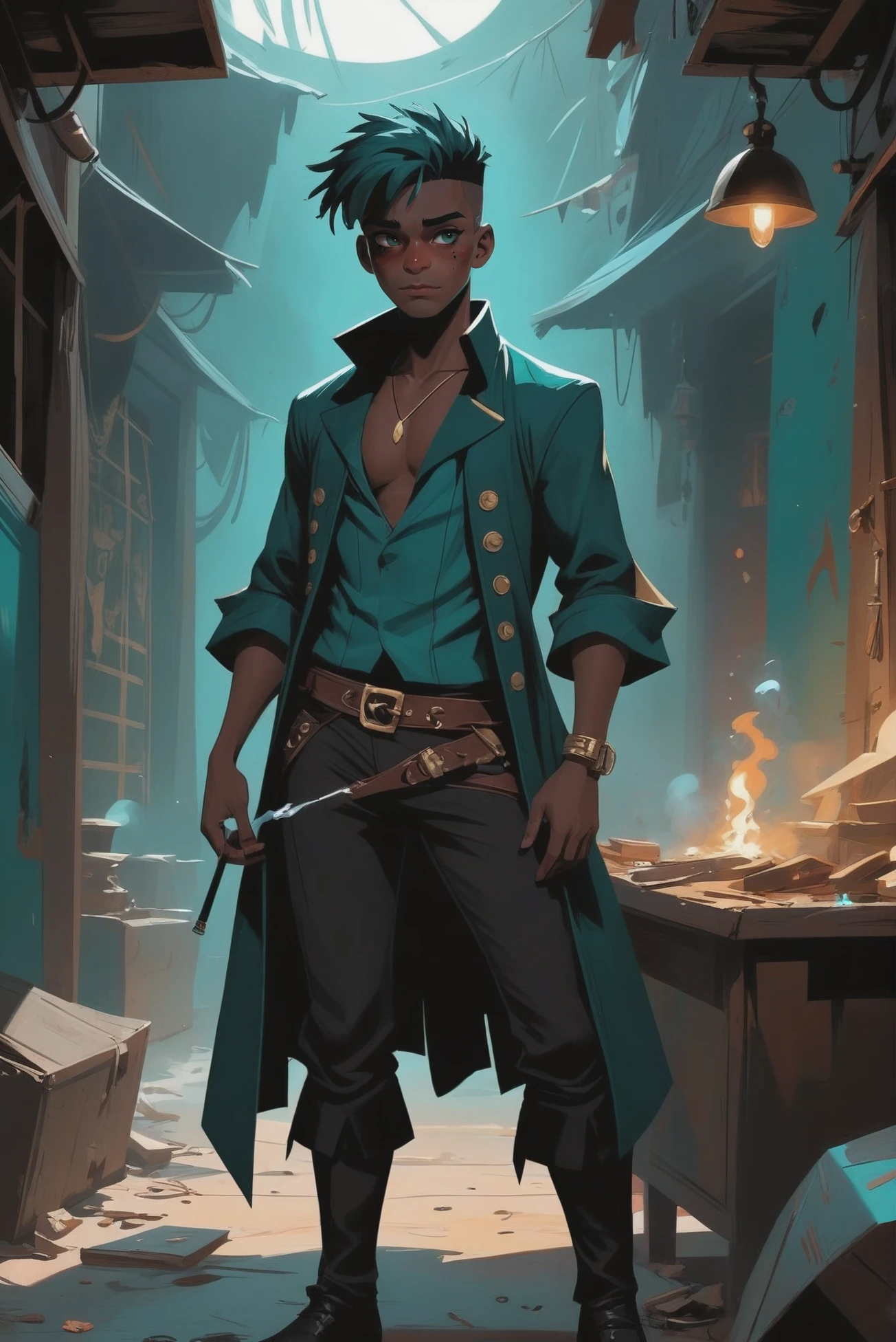 fine art comic book style, (full body:1.2), 1boy, man, solo, [:formal costume design,:0.2] pirate, (african, dark skin:0.6), darkturquoise hair, (solid:1.1) build Smoking Area \(room\) in a dilapidated,idyllic fantasy town beyond the beginning of the universe<lora:EnvyStarlightToon01:1>