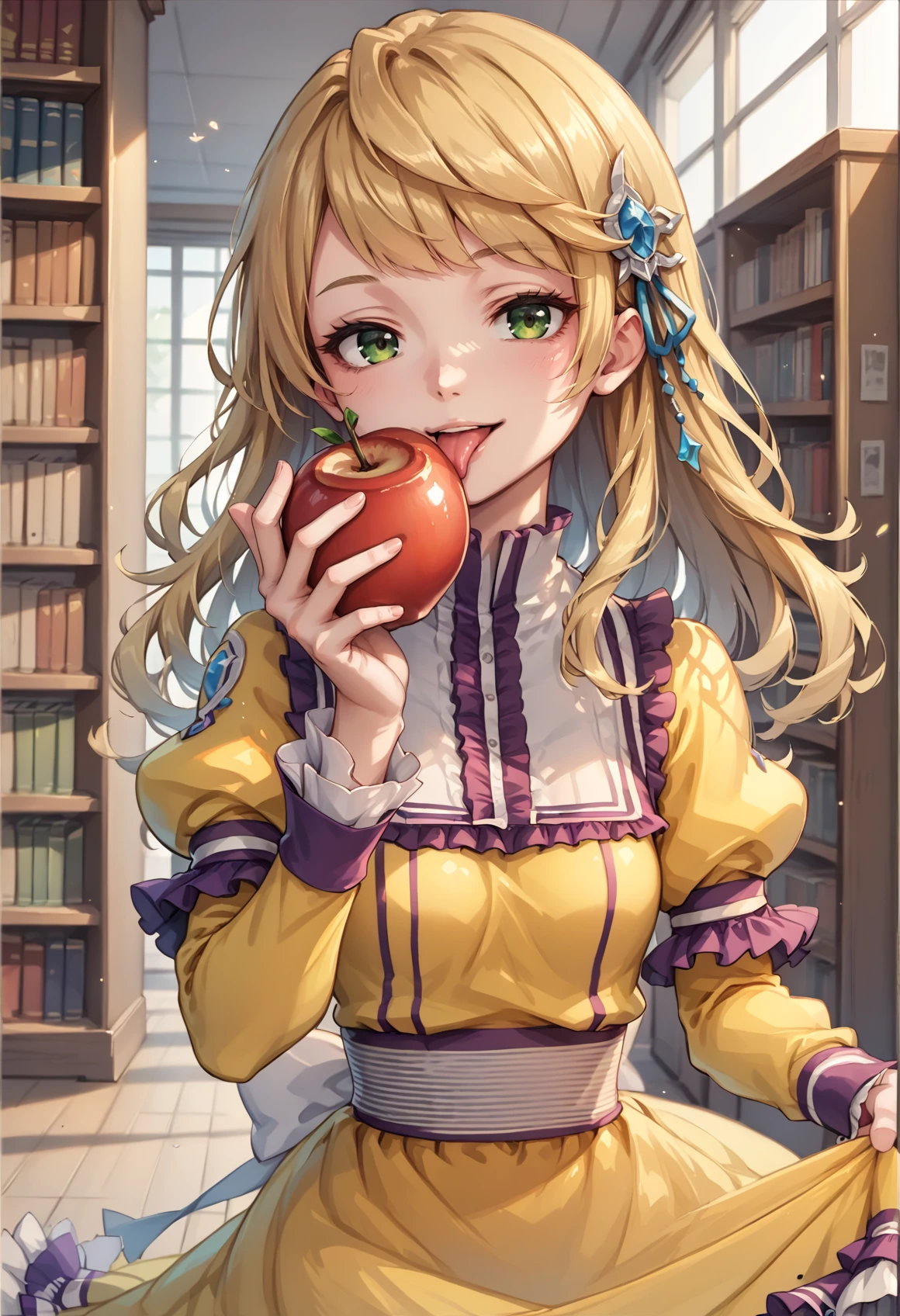 1girl, long hair, blonde hair, green eyes, hair ornament, yellow dress, long sleeves, frilled dress, indoors, library, close-up, holding apple, licking, tongue out, seductive smile, sexually suggestive, looking at viewer <lora:Perrielle_XL:1>, score_9, score_8_up, score_7_up, score_6_up, score_5_up, score_4_up, BREAK source_anime, masterpiece