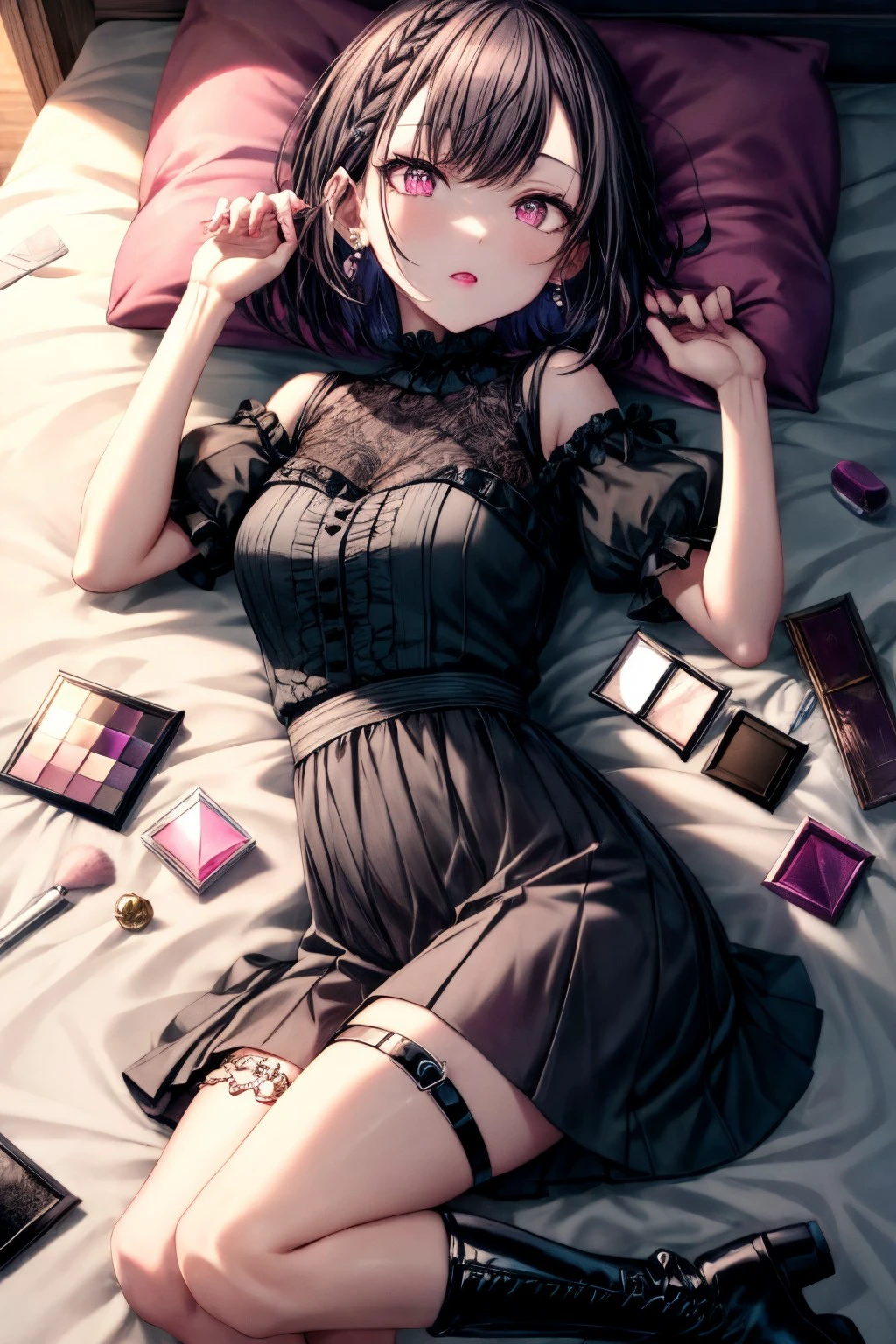 (masterpiece), best quality, expressive eyes, perfect face, enanan, looking at viewer, skirt, black hair, hair ornament, dress, bow, jewelry, braid, short sleeves, heart, earrings, boots, lying, frills, socks, puffy sleeves, pink eyes, black footwear, puffy short sleeves, pillow, thigh strap, on side, stuffed toy, stuffed animal, gem, box, beads, mirror, heart pillow, cosmetics, pearl (gemstone), lipstick tube, <lora:more_details:0.7>, <lora:1f65056e-d7f1-44bc-b9cc-c376670e3fc0:0.7>, <lora:GoodHands-beta2:0.7>