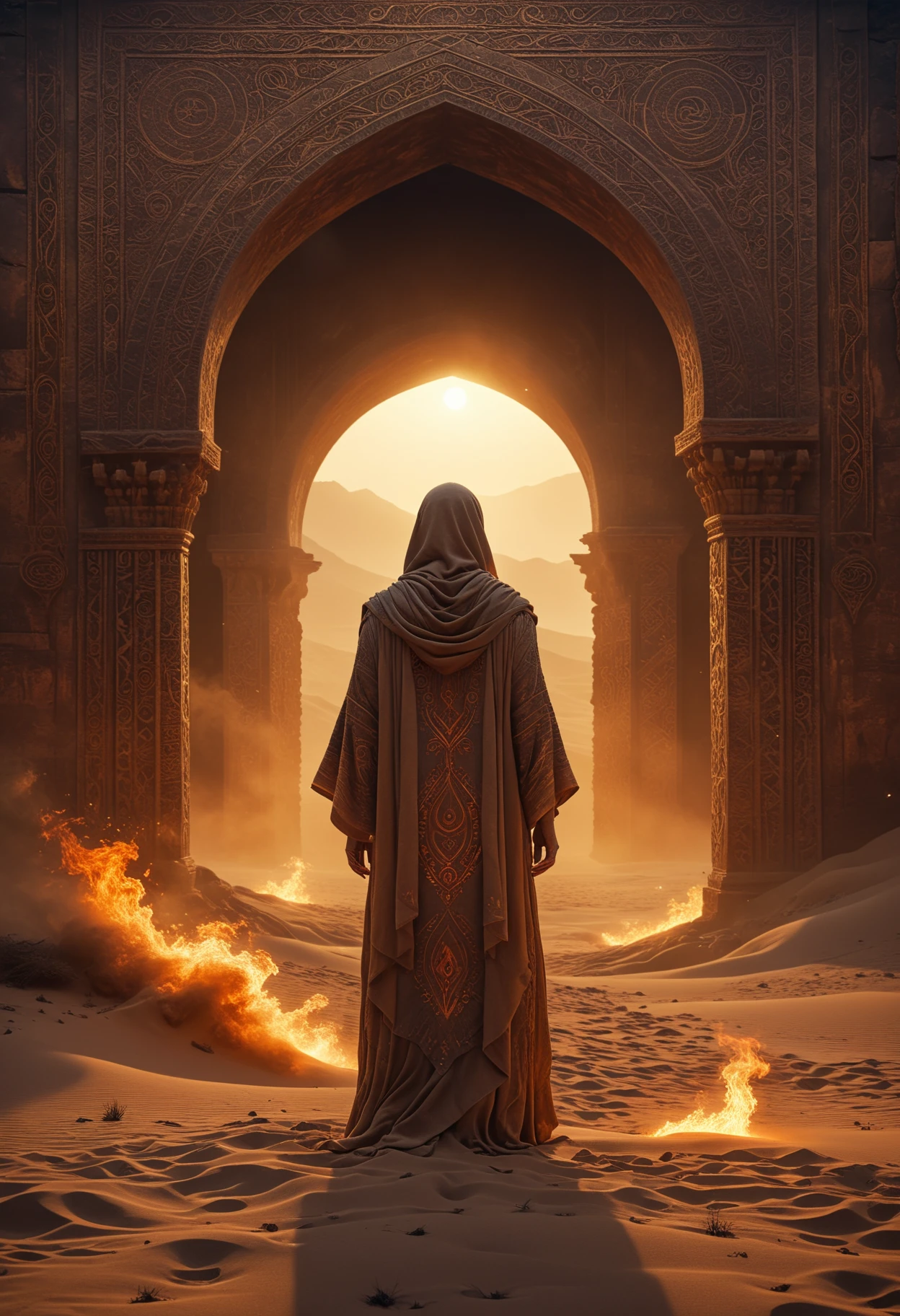 Like a mirage in the desert sands, a figure emerges from the mist-shrouded twilight, surrounded by a tapestry of desert-inspired patterns. The flamestitch gives way to the undulating waves of heat rising from the ruined cityscape, as the zigzag of the sands leads the eye towards the mysterious figure. Wrapped in flowing robes of earthy tones and adorned with symbols of ancient wisdom, they possess an aura of quiet strength and untold knowledge.
many details, extreme detailed, full of details,
Wide range of colors.
Many details everywhere. soft shadows. Low saturation colors. Insane quality. Insane resolution. Insane details. Masterpiece. 32k resolution.
Dramatic,Dynamic,Cinematic,Sharp details