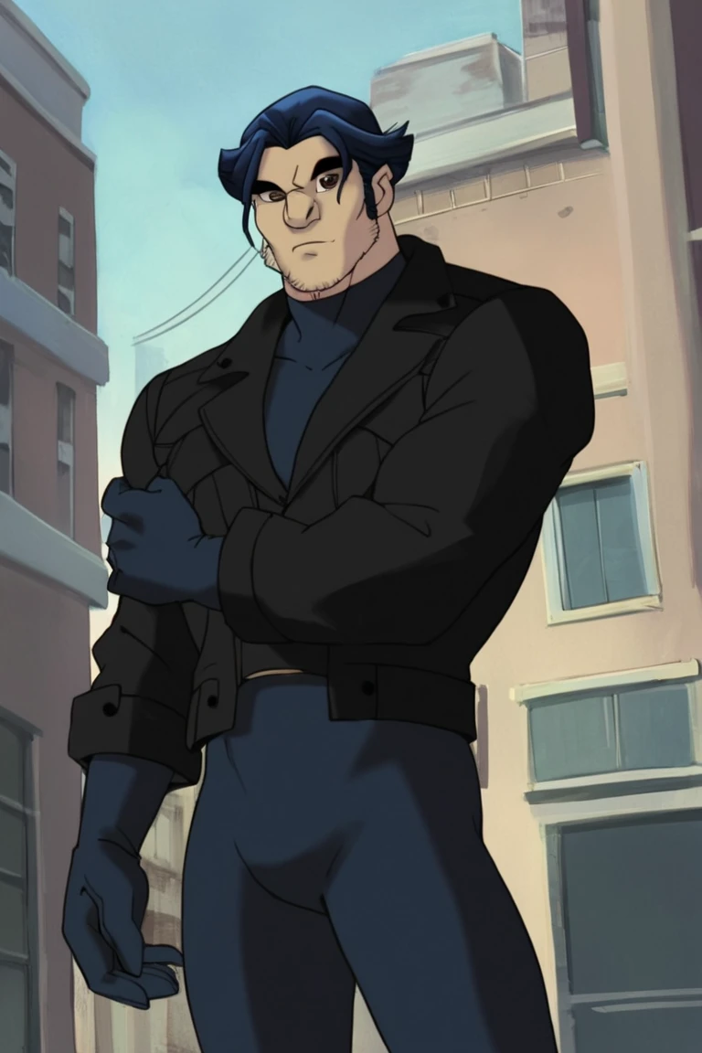 score_9, score_8_up, score_7_up, logan, lebbjoutfit, 1boy, solo, male focus, mature male, short hair, dark blue hair, brown eyes, thick eyebrows, facial hair, stubble, sideburns, muscular, black jacket, dark blue bodysuit, dark blue pants, dark blue gloves, looking at viewer, standing, cowboy shot, outdoors, city, building <lora:Wolverine (Logan) X-Men Evolution v1.0 LoRA_Pony XL v6 (Only Logan):0.8>