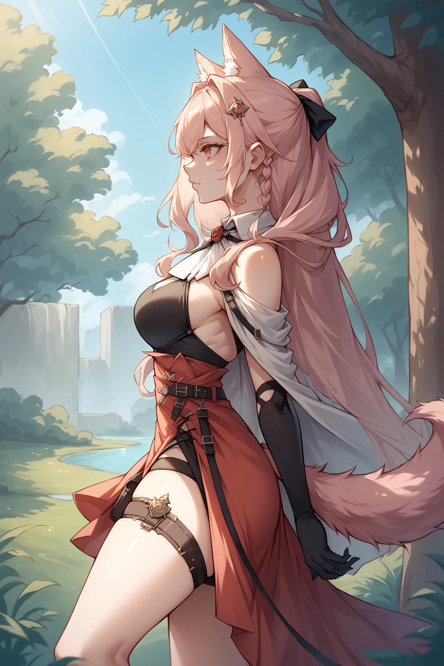 score_9, score_8_up, score_7_up, , rating_sensitive,nsfw,1girl ,pysd, animal ear fluff, side braid, wolf tail,  hair ornament, hair ribbon, collar, white ascot, black bra, asymmetrical gloves, high-waist skirt, belts, thigh strap, source_anime,    <lora:PozyomkaPDCAMEv3 AK:1>, outdoors, forest,  from side,