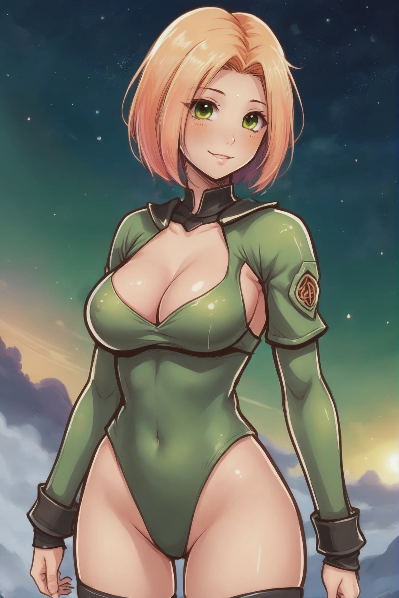 anime digital painting, seductive smile, 1girl, woman, summoner, bombshell hair, glimmering light color:green and peach hair, bob cut, glowing darkolivegreen clothes, muscular hips, muscular legs, wide hips, narrow waist, abs, large breasts, caucasian, quantum,gargantuan fantasy sky city outside of time<lora:EnvyStarlightAnime04:1>