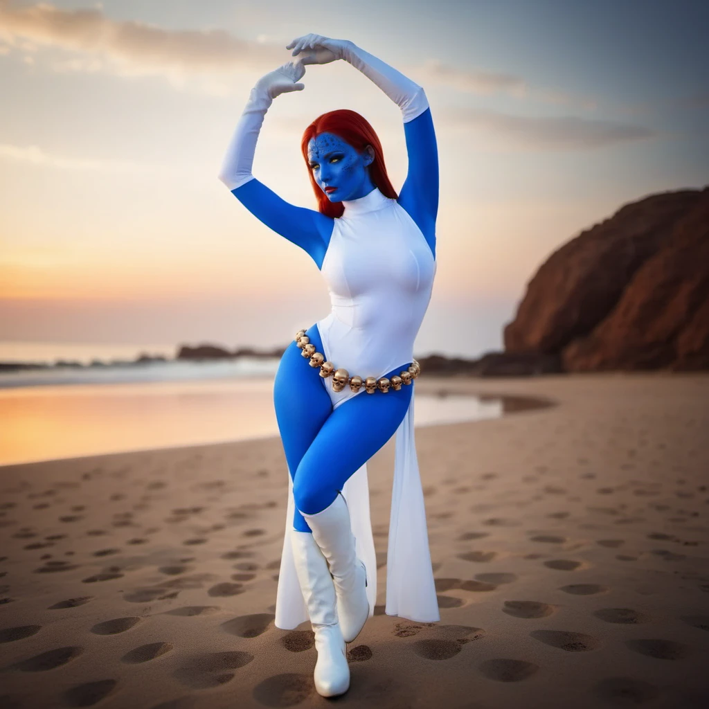 cinematic photo of a woman with blue body paint and red hair, ((white dress with belt, white gloves, whith boots)), hourglass figures, beach, sunset <lora:Mystique1024:0.8> . 35mm photograph, film, bokeh, professional, 4k, highly detailed