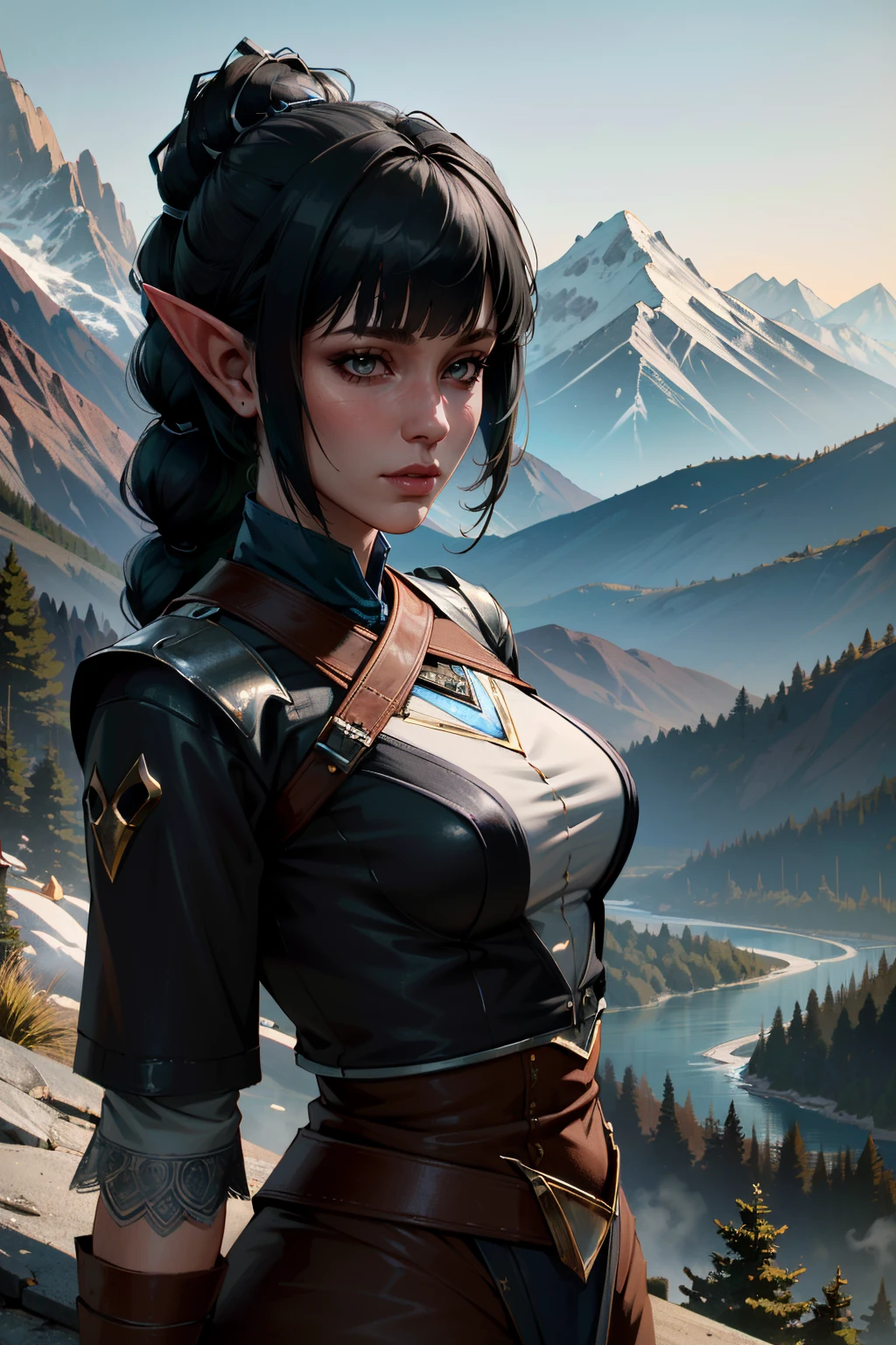 ((ultra detailed, masterpiece, absurdres))
 <lora:BGShadowH:0.8>
BGShadowH, 1girl, pointy ears, black hair, blunt bangs, braid, hair ornament, mountain trail, midday, clear and crisp light illuminating the landscape