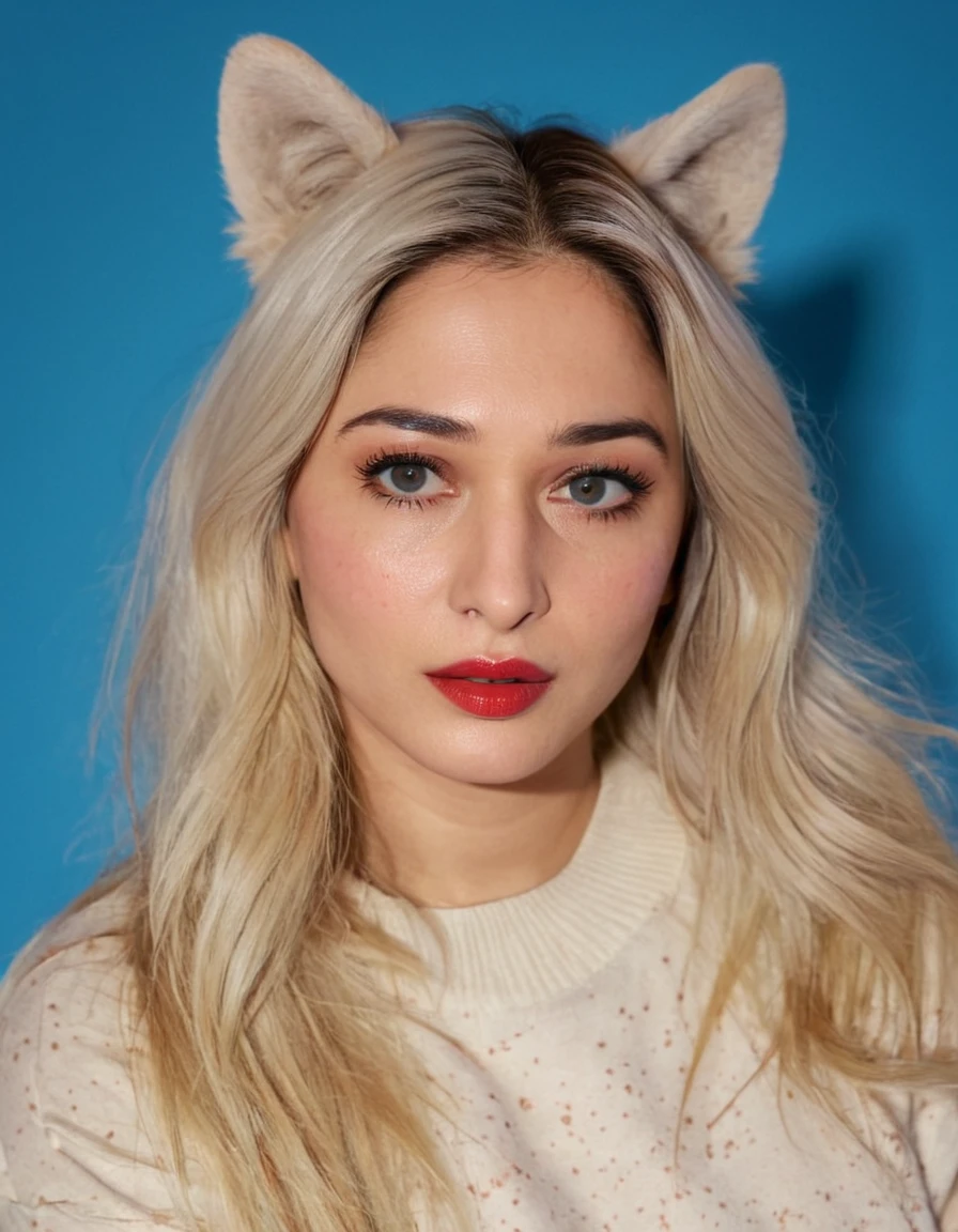 cinematic still Raw Photo, realistic, 1girl, heart-shaped lips, red lipstick, (((tamhwx woman))) white hair, long wild hair, blue eyes, wolf ears, Sweater, freckles, order, Blue gradient background, Neon, Textured crop, (masterpiece, best quality),medium breasts, high cheek bones . emotional, harmonious, vignette, 4k epic detailed, shot on kodak, 35mm photo, sharp focus, high budget, cinemascope, moody, epic, gorgeous, film grain, grainy, Raw Photo, realistic, 1girl, heart-shaped lips, red lipstick, (((tamhwx woman))) white hair, long wild hair, blue eyes, wolf ears, Sweater, freckles, order, Blue gradient background, Neon, Textured crop, (masterpiece, best quality),medium breasts, high cheek bones, elegant, highly detailed