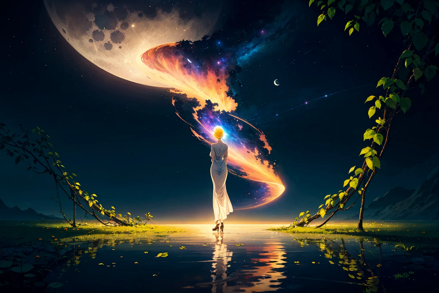 1 lady, glowing, abstract, flower, leaf, vines, floral work, abstract, simplicity, light from up, reflecting floor, floral print, white, pose, contrapposto, stars, nebula, moon
