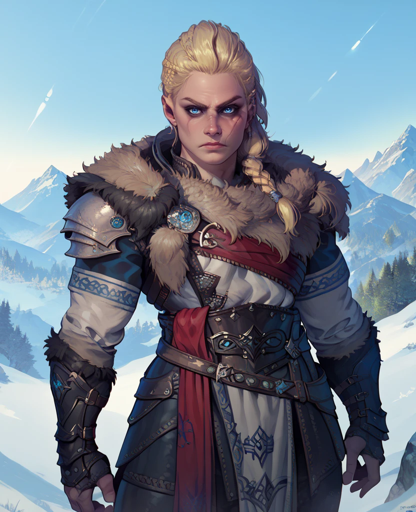 score_9,score_8_up,score_7_up,score_6_up,
eivorxl,scar on face,blonde hair,blue eyes,side braid,
leather armor,fur trim,  red sash, 
standing,looking at viewer, serious,
northern lights,mountains,<lora:Eivor-AS-11XL:0.9>,