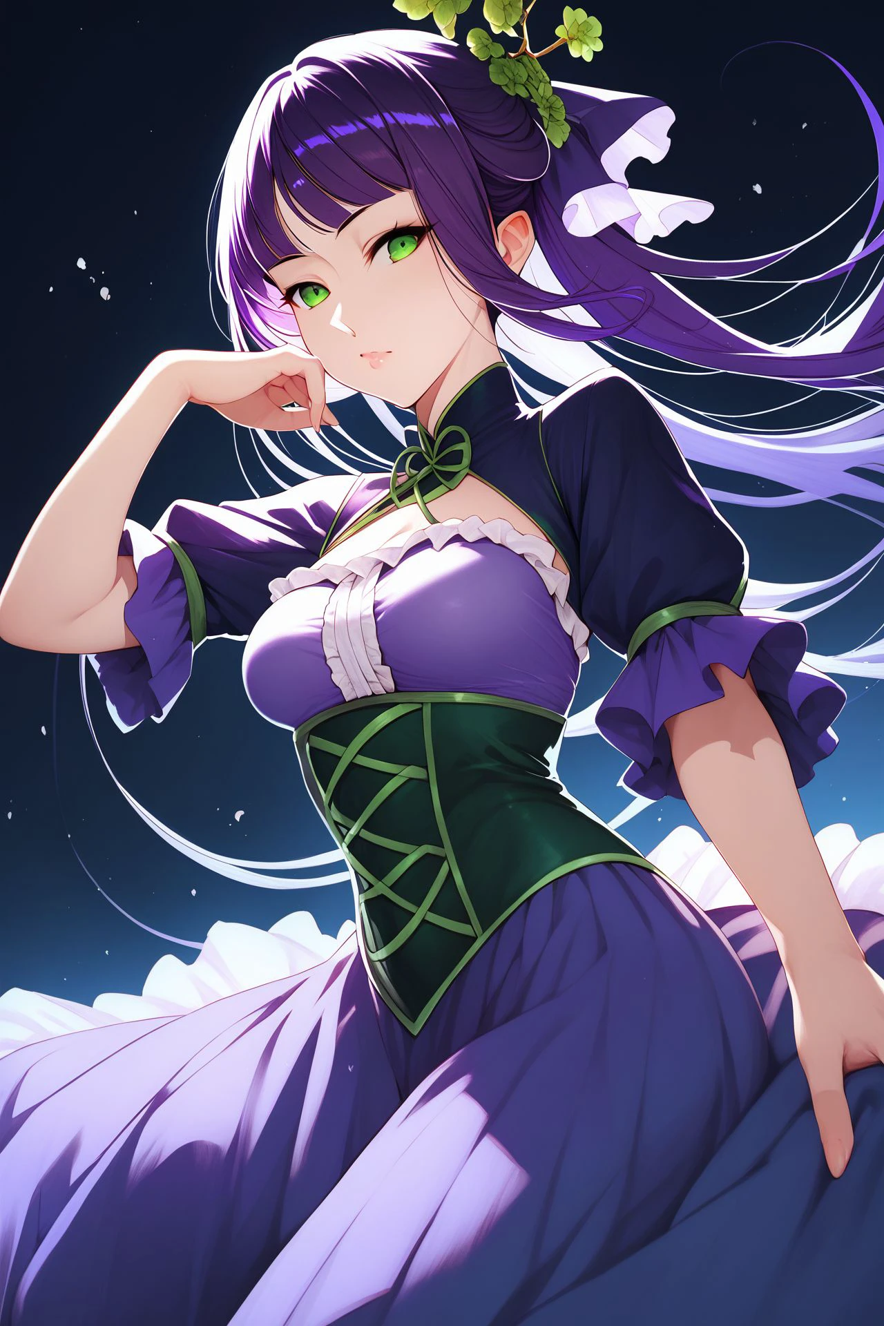 score_9, score_8_up, score_7_up, 1girl, :D, looking at viewer, dark_purple hair, fringed_bangs, light_green eyes, medium breasts, <lora:Antaria_PonyXL_style_v01.08.10.01.01:1>