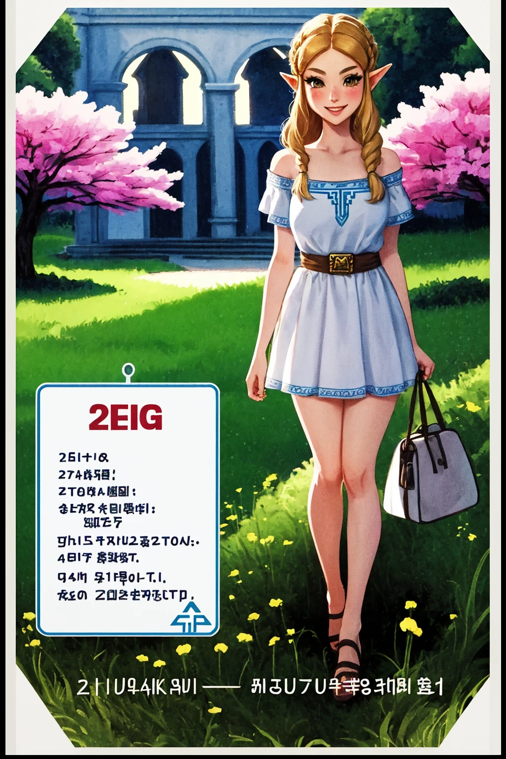 (((text, numbers, graphics))), masterpiece, ultra-detailed, best quality, illustration, 8k cg wallpaper, an extremely delicate and beautiful, 1girl, Princess Zelda /(The Legend of Zelda/), solo, perfect anatomy, smiling, blushing, perfect arms, perfect legs, cute, pretty, beautiful, sexy, perfect body, (background: flowery field, grass, trees, flowers, ruins, intricately detailed items in background), <lora:ATC:1>
