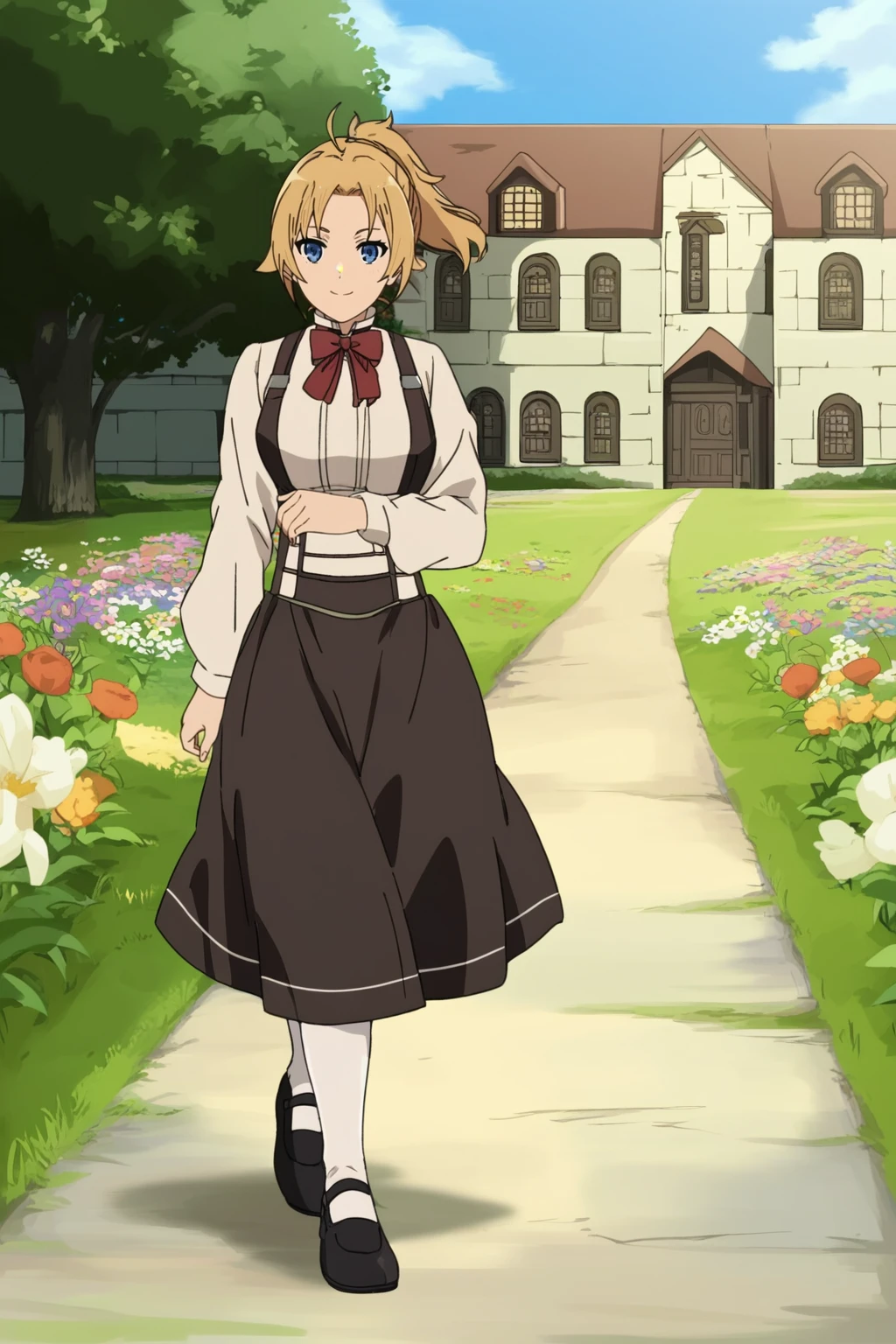 ,,,masterpiece,best quality,highres,4k,8k,intricate detail,cinematic lighting,perfect_eyes,High face detail,rating_explicit,high resolution,detailed eyes,
(score_7_up), source_anime,anime coloring,anime,(anime screencap),,zPDXL,
,,detailed background,, day, outdoors, flower field, (village), Medieval architecture, medieval.
, looking at viewer, full body, light smile, walking, dancing, wind,
, alternate costume, ,(pinafore dress:1.25), black dress,, white shirt, red bow tie, white pantyhose, mary jane shoes, black leather shoes. , mary janes,
,,zenith greyrat,mushoku tensei, short hair, blonde hair, blue eyes, ahoge, parted bangs, short ponytail,mature female,
, <lora:Zenith_Greyrat_PonyXL_v1:0.75>