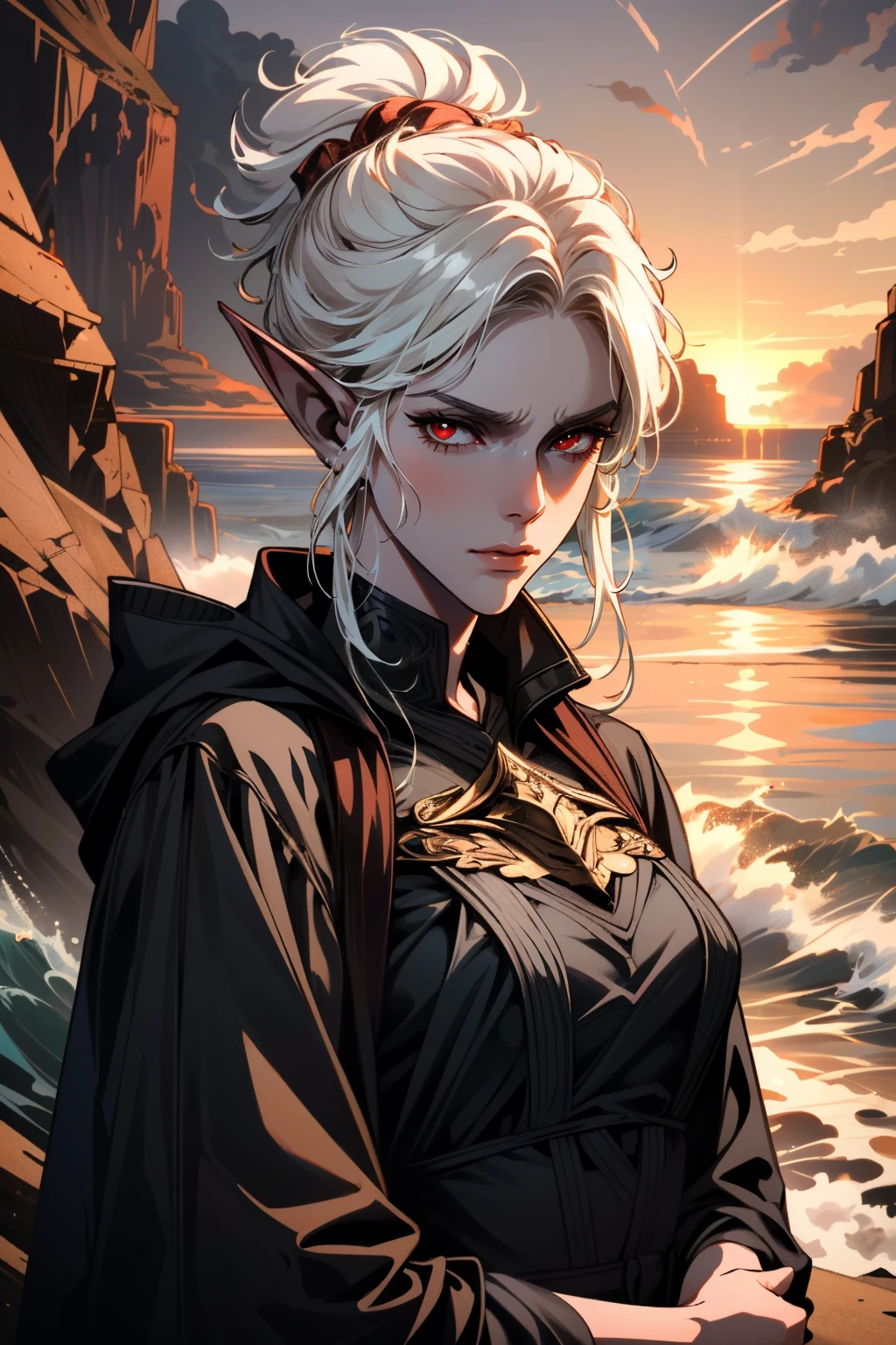 ((ultra detailed, masterpiece, absurdres))
<lora:BGMinthara:0.8>
BGMinthara, 1girl, pointy ears, white hair, red eyes, hair updo, Romantic beach at sunset, dynamic warm tones, detailed waves and sand textures