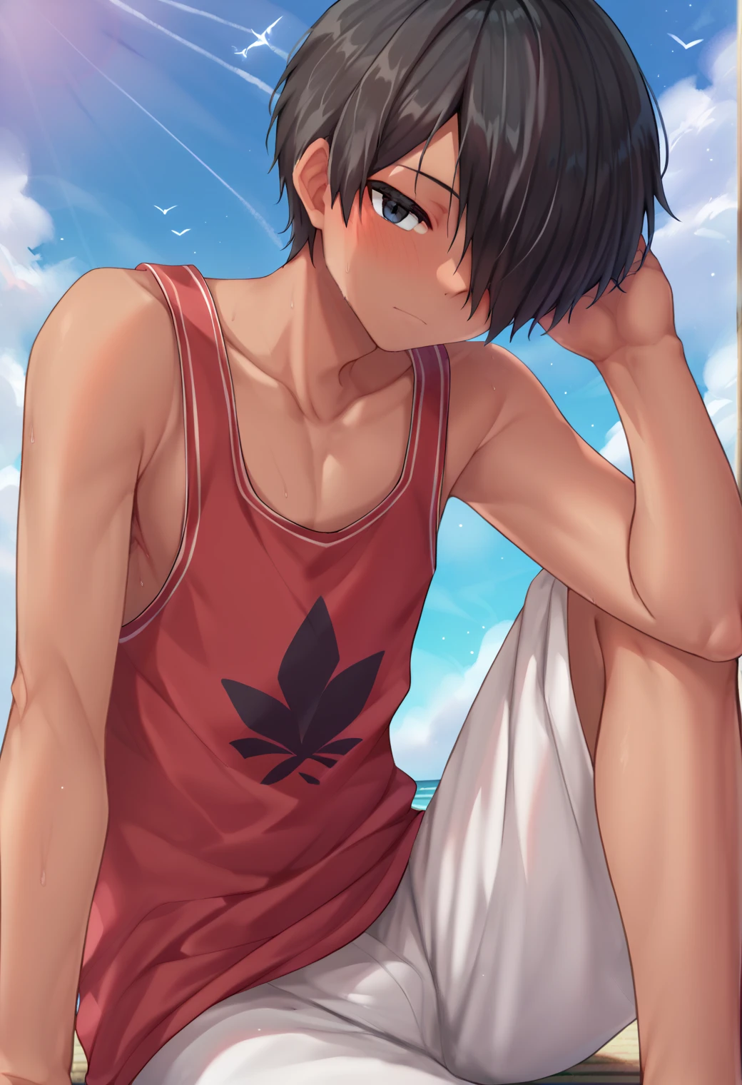 score_9_up, score_8_up, score_7_up, score_6_up, score_9, cute, 1boy, kazuma ikezawa, black hair, black eyes, red tank top, white shorts, hair over one eye, best quality, amazing quality, best aesthetic, absurdres ,source_anime, source_, score_5_up<lora:EMS-361293-EMS:1.000000>