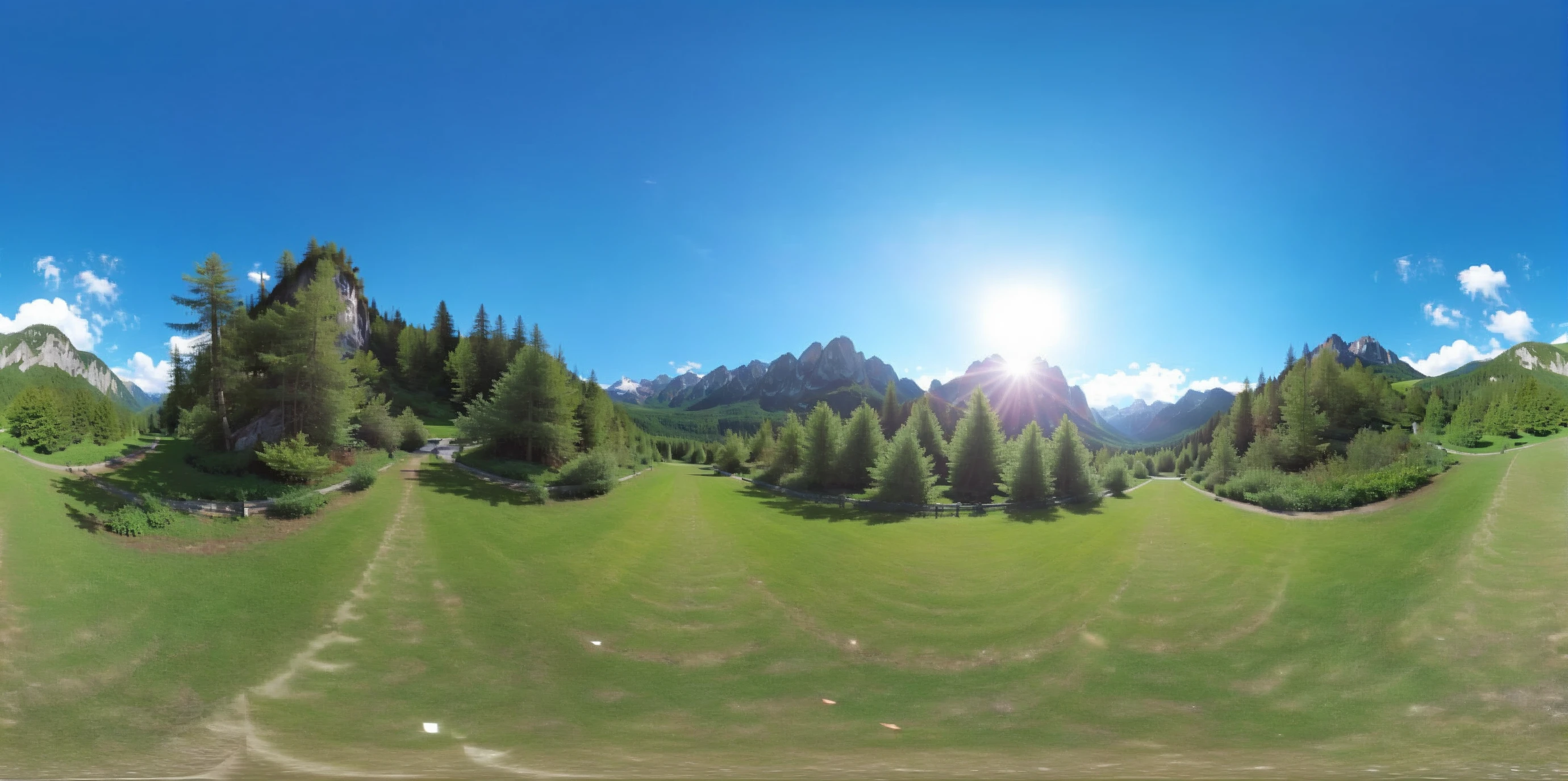 Create a realistic VR360 image that showcases a majestic mountain landscape, designed to form a seamless loop from left to right. The scene captures the grandeur of towering mountains, lush greenery, and a clear blue sky. Ensure that the transition between the left and right edges of the image is perfectly aligned to create a continuous, immersive experience. <lora:sanbaro:0.8>