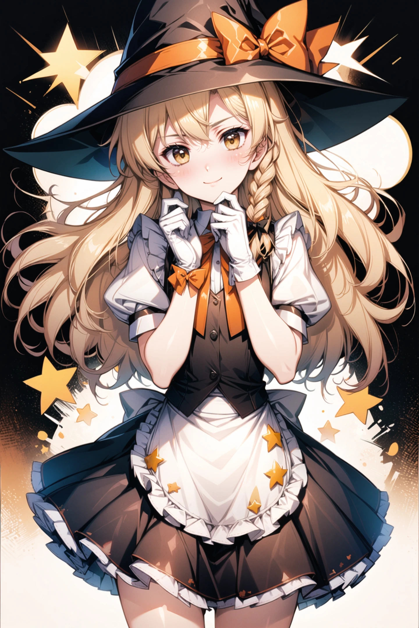 1girl,solo,kirisame marisa,hat,blonde hair,long hair,gloves,braid,witch hat,star (symbol),bow,yellow eyes,looking at viewer,short sleeves,single braid,white gloves,puffy sleeves,hat bow,puffy short sleeves,apron,black background,side braid,orange bow,vest,cowboy shot,black headwear,dress,closed mouth,frills,smile,skirt,adapted costume,waist apron,hair bow,hand on own face,ribbon,bowtie,shirt,blush,<lora:flyx3_XL:1>,