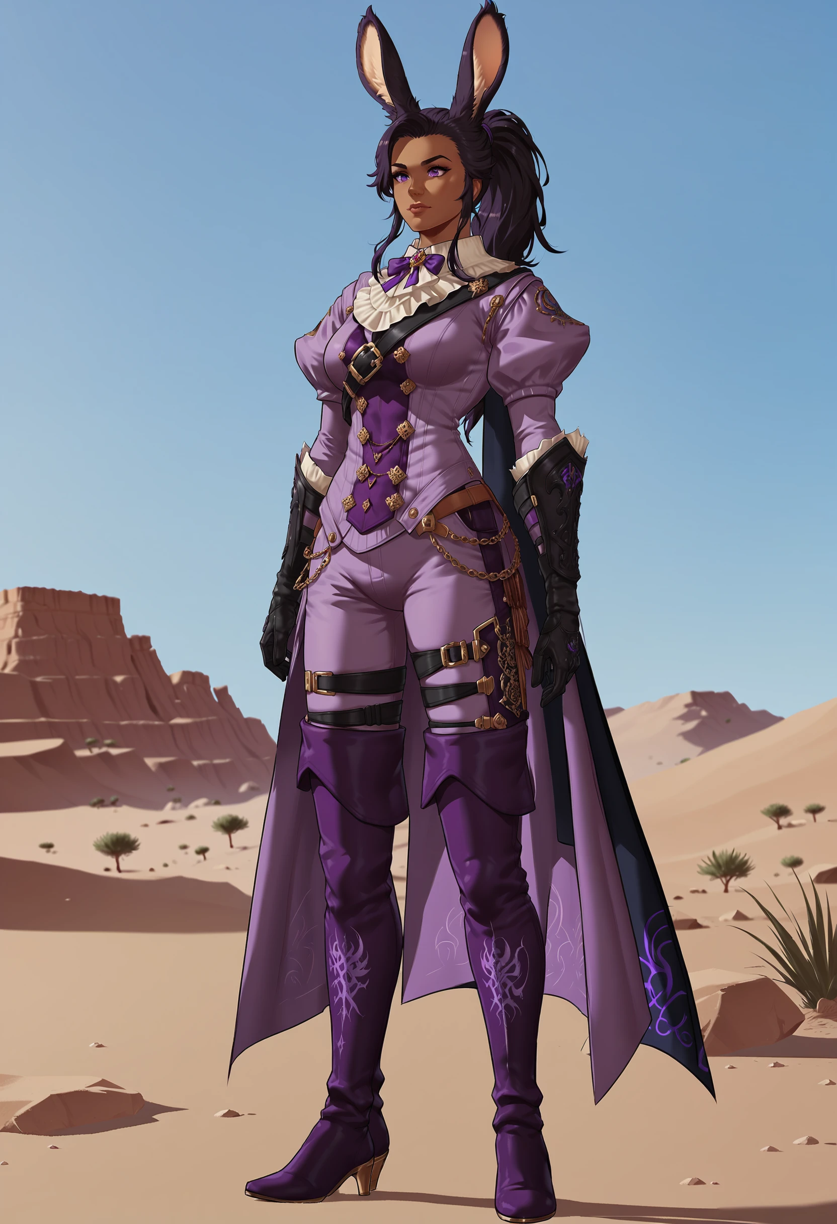 zPDXL,score_9, score_8_up, score_7_up, source_anime, 1girl, solo, full body, standing, desert,
viera, dark skin, black hair,  purple eyes,  long hair, ponytail, 
rdmAf, duelist body, duelist gloves, duelist pants, duelist cape, duelist boots,  <lora:Duelists_Attire_FFXIV-Red_Mage_AF1:.75> (purple clothing:1.5)