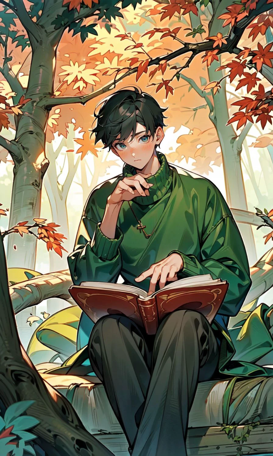 (Masterpiece:1.2), (best quality:1.2), (super high resolution:1.2), A boy in a cozy sweater, sitting cross-legged at the base of an ancient oak tree, engrossed in a book, surrounded by a carpet of fallen leaves on a crisp autumn day. , Bushes, vines, meadows, forests, conglin, <lora:flowers_in_moon:0.8>