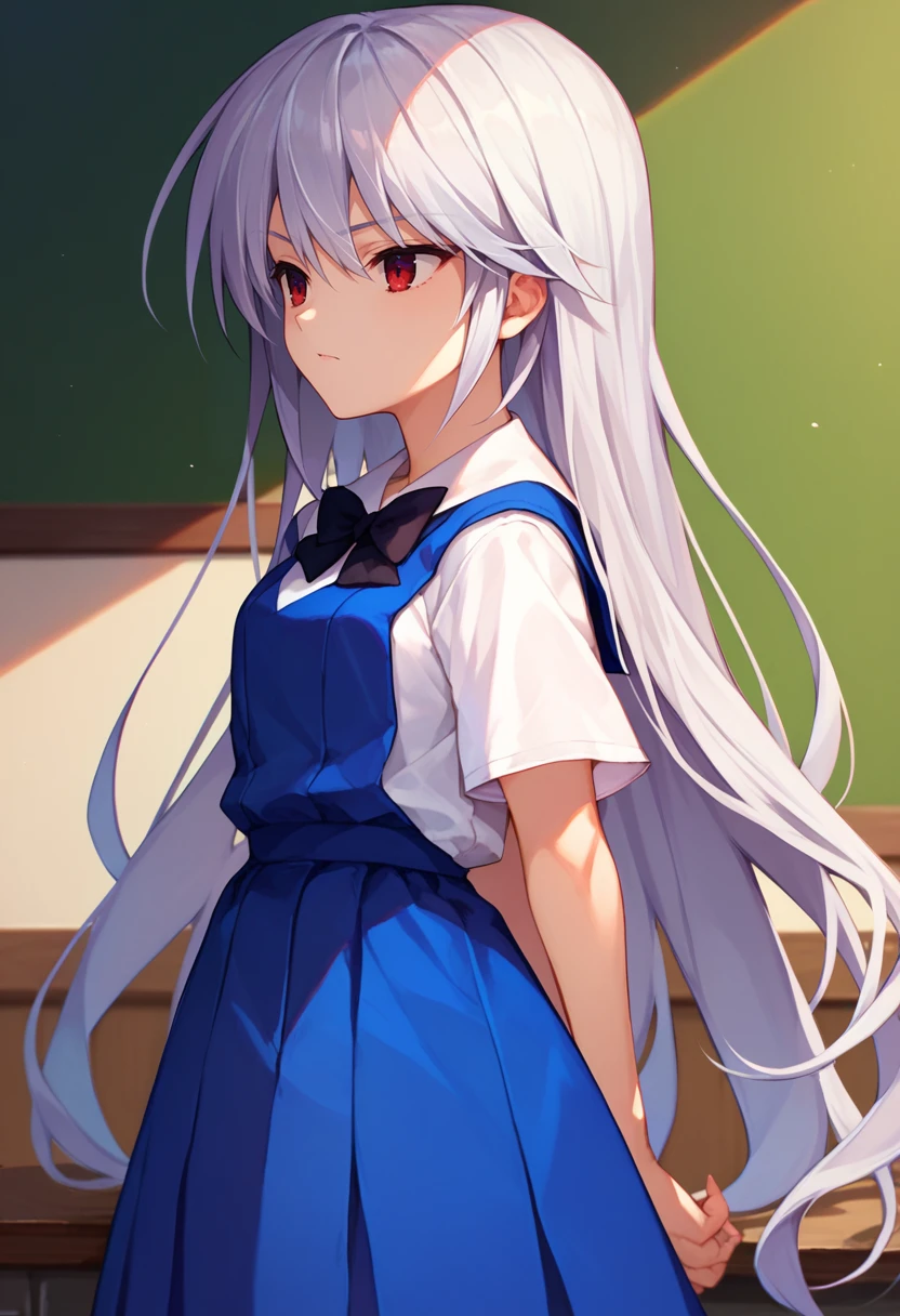 score_9, score_8_up, score_7_up, 1girl, kazami kazuki, silver hair, long hair, red eyes, blue school uniform, black bow, arms behind back, <lora:Kazuki DORA6-000007:1>