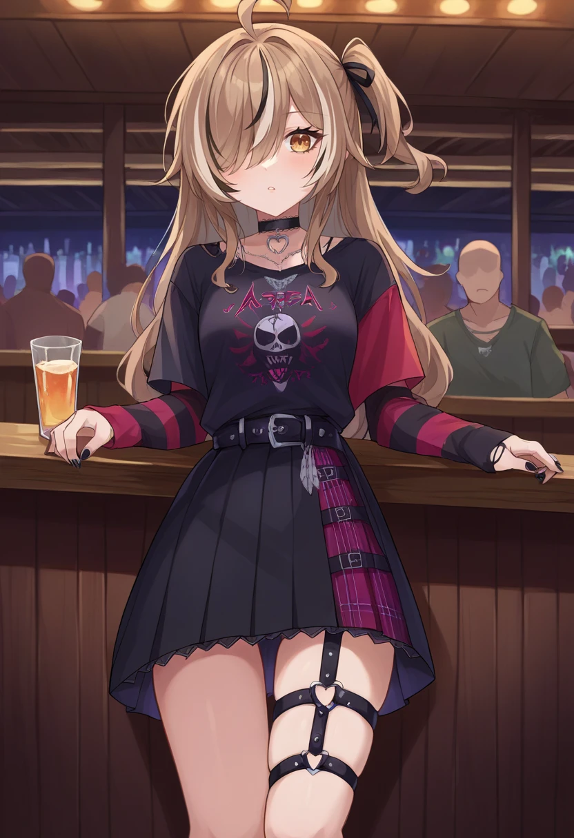 score_9, score_6_up, source_anime, 1girl, solo, bar, crowd, mumei_emo, one side up, hair over one eye, ahoge, black t-shirt, striped sleeves, black skirt, belt, thigh strap, hair ribbon, heart choker, black nails <lora:mumeiXL:1>