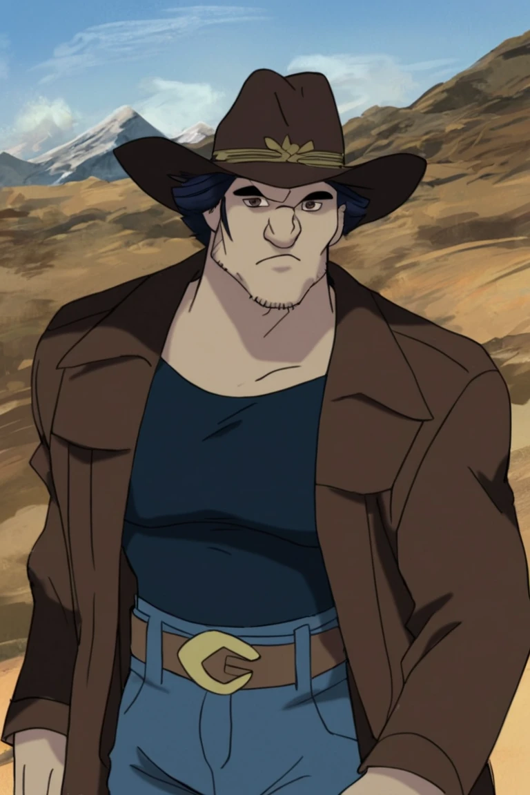 score_9, score_8_up, score_7_up, logan, 1boy, solo, male focus, mature male, short hair, dark blue hair, brown eyes, thick eyebrows, facial hair, stubble, sideburns, muscular, dark blue t-shirt, brown jacket, blue jeans, brown belt, brown headwear, cowboy hat, brown cowboy hat, looking at viewer, frown, standing, cowboy shot, outdoors, sky, blue sky, mountain <lora:Wolverine (Logan) X-Men Evolution v1.0 LoRA_Pony XL v6 (Only Logan):0.8>