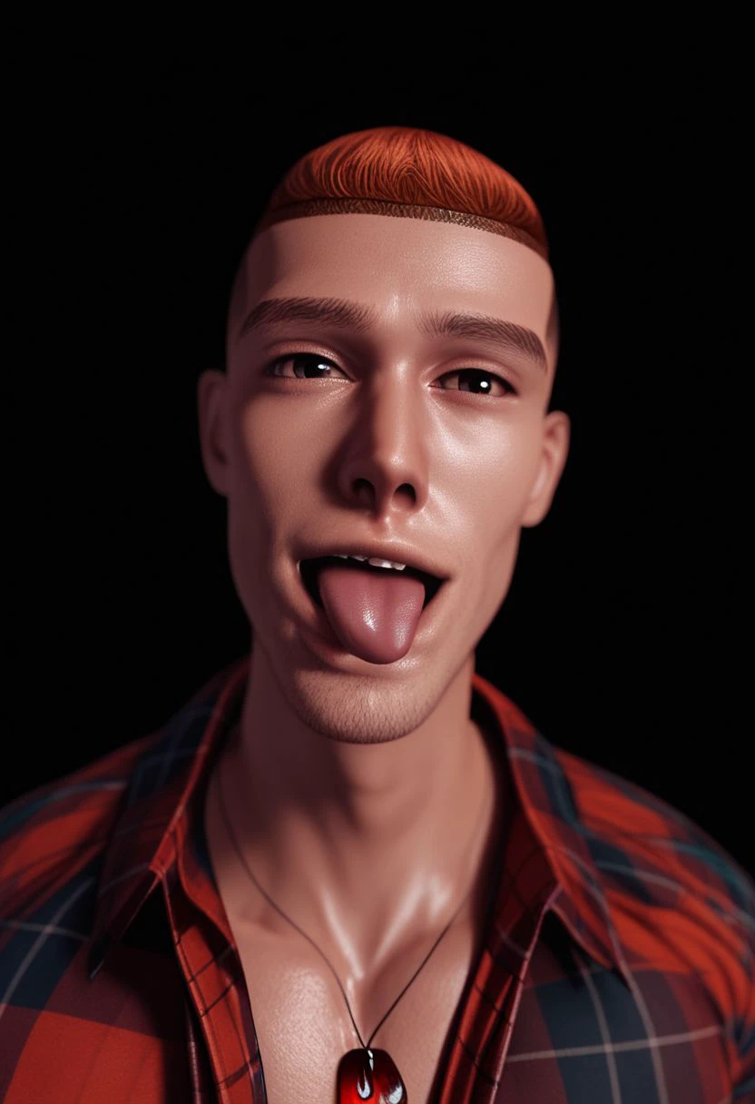 rpskxzt, 1boy, male focus, solo, shirt, black background, realistic, jewelry, looking at viewer, plaid shirt, plaid, necklace, dog tags, simple background, red hair, upper body, tongue out, shiny skin, score_9, score_8_up, score_7_up, score_6_up, score_5_up, score_4_up